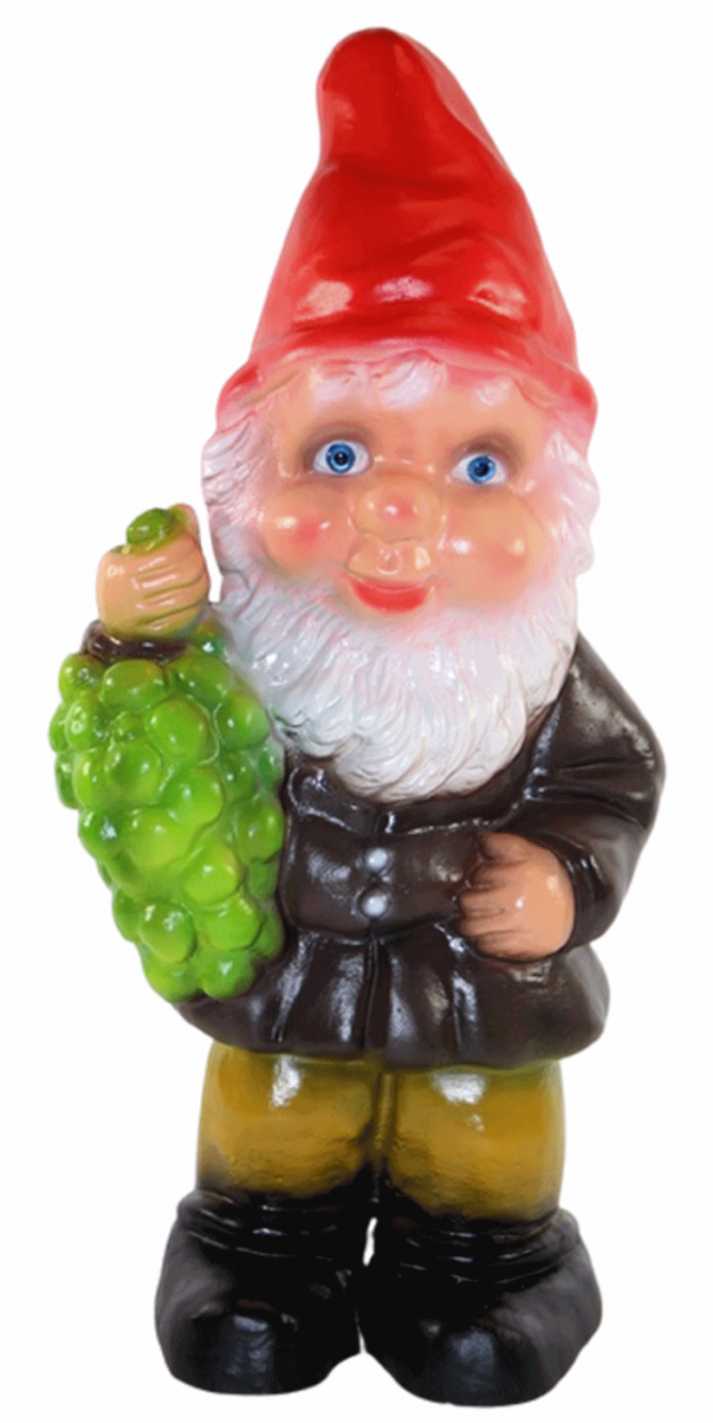 Deko Figur Zwerg H 34 cm Gartenzwerg mit Weintrauben stehend Gartenfigur aus Kunststoff