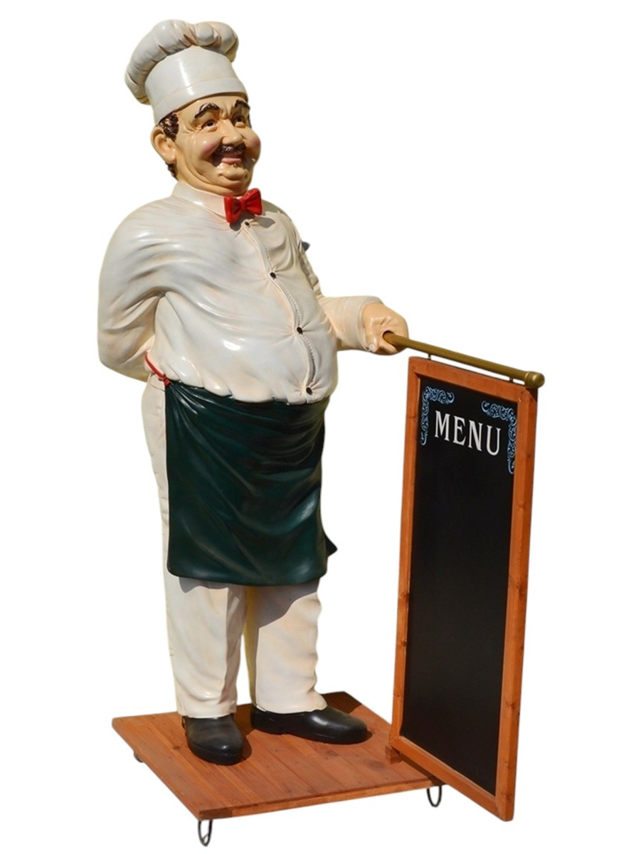 Dekofigur Deko Figur Gastrofigur Koch mit Menü Tafel H 190 cm Kochfigur stehend aus Resin
