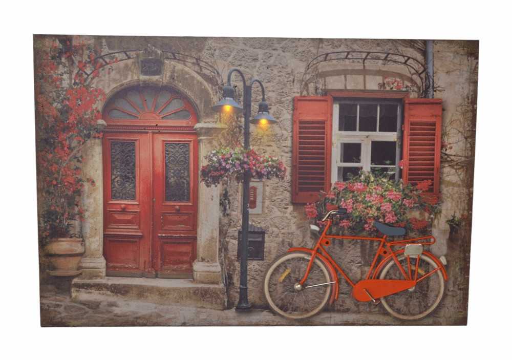Nostalgie LED-Wandbild Gasse mit Fahrrad Vintage Stil rote Tür und Fenster 40x60 cm Leinwandbild