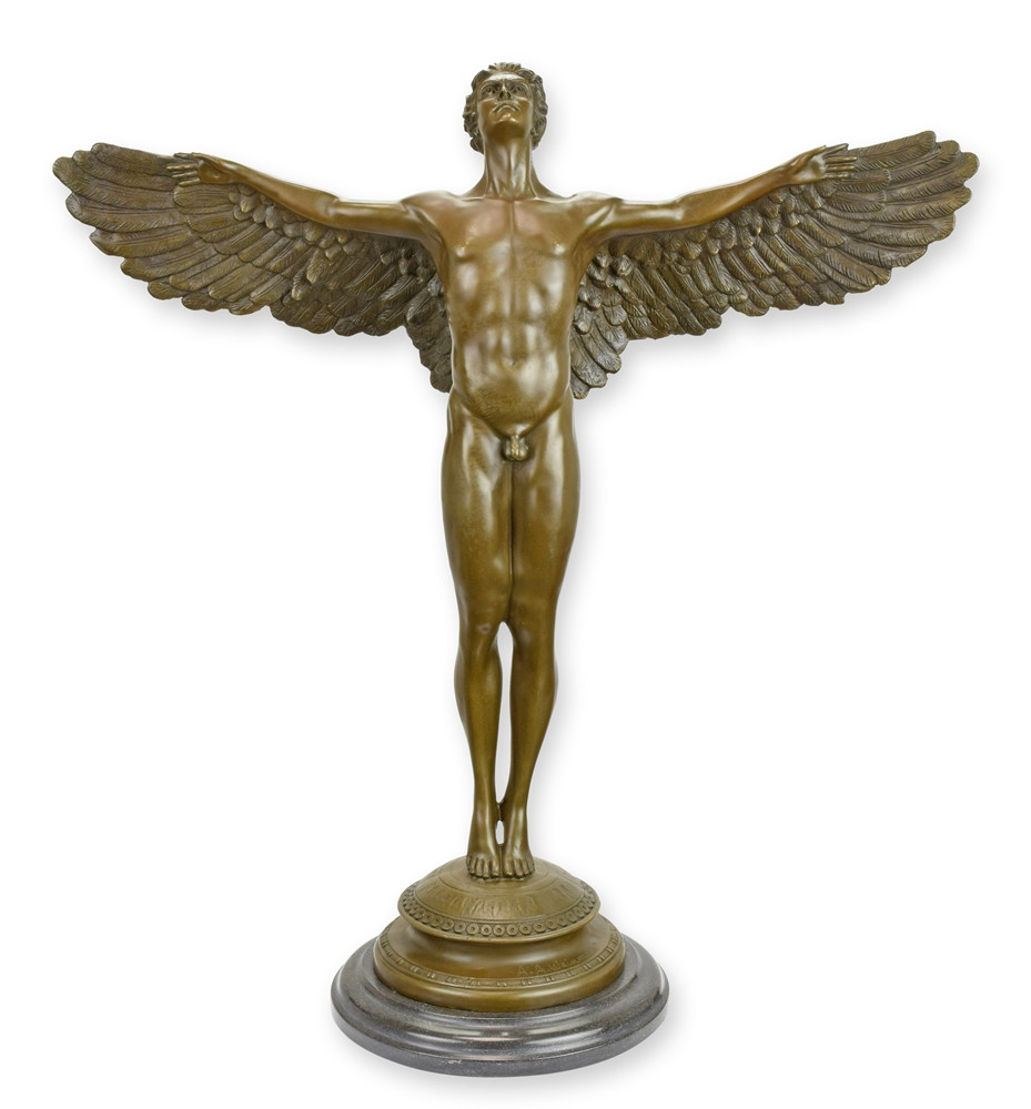 Bronzefigur 'Geflügelter Mann' – Engel aus Bronze auf Sockel, Höhe 60 cm, Ausdrucksstarke Kunst