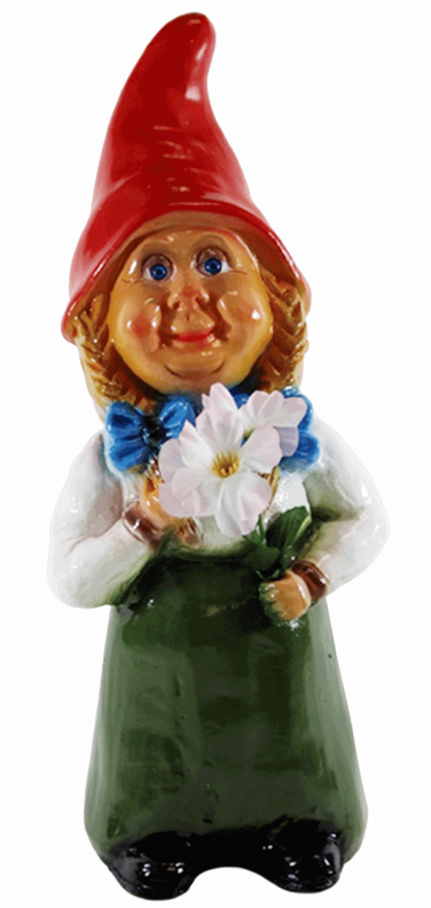 Gartenzwerg Deko Garten Figur Zwerg Zwergenfrau mit Blumen stehend aus Kunststoff H 32 cm