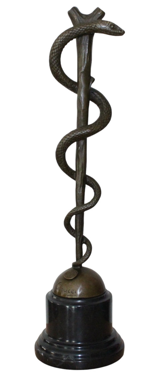 Bronzefigur Bronzeskulptur Äskulapstab Schlange aus Bronze auf Sockel H 38 cm Deko Figur