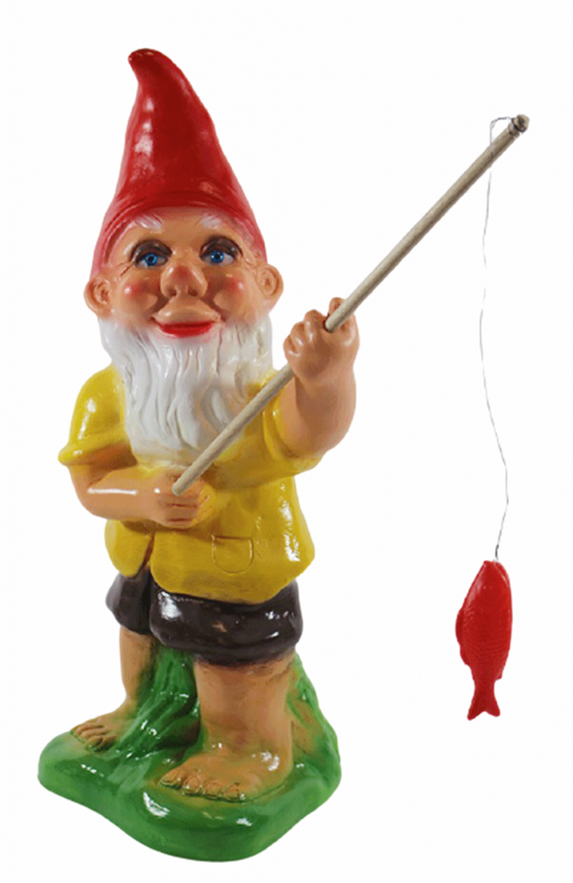 Gartenzwerg Deko Garten Figur Zwerg Angler mit Angel und Fisch stehend aus Kunststoff Höhe 35 cm
