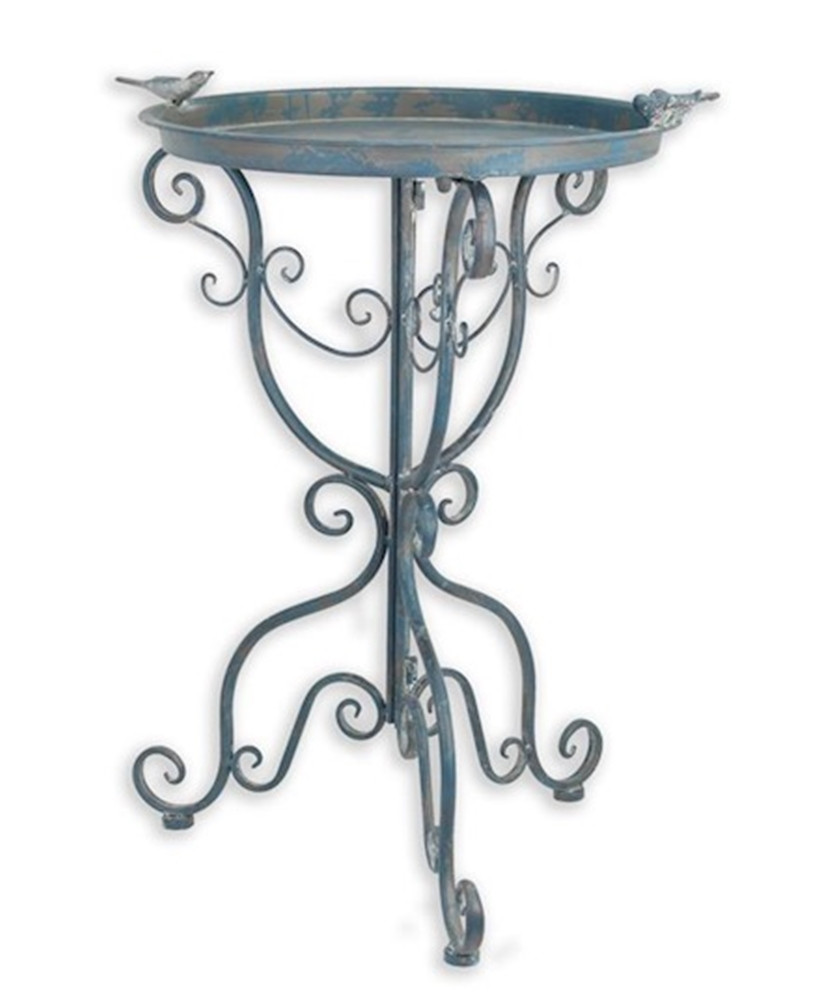 Jugendstil Vogeltränke mit Ständer aus Eisen in blau Romantische Gartendeko Vogelbad, Höhe 74 cm