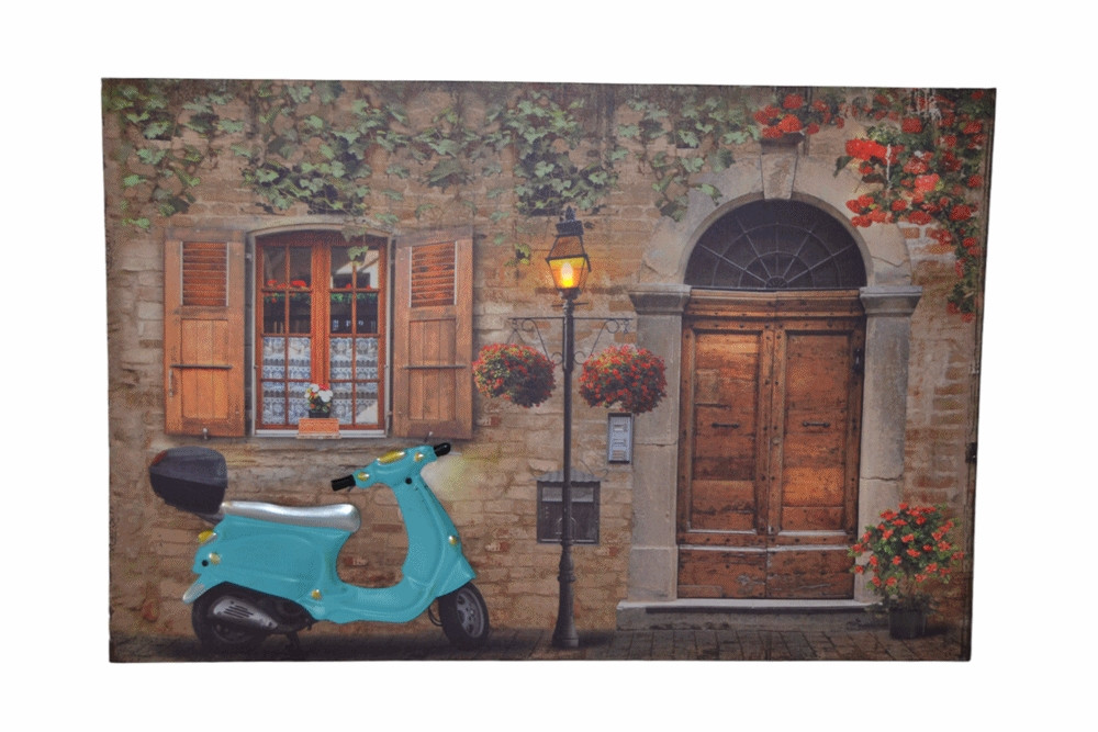 Nostalgie LED-Wandbild Gasse mit blauem Roller Vespa Vintage Stil 40x60 cm Leinwandbild