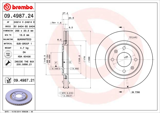 BREMBO Bremsensatz-Vorn und hinten Bremsensatz, Scheibenbremse vorne rechts links innenbelüftet 266mm für RENAULT PEUGEOT CITROËN HSV FENGSHEN 9566780