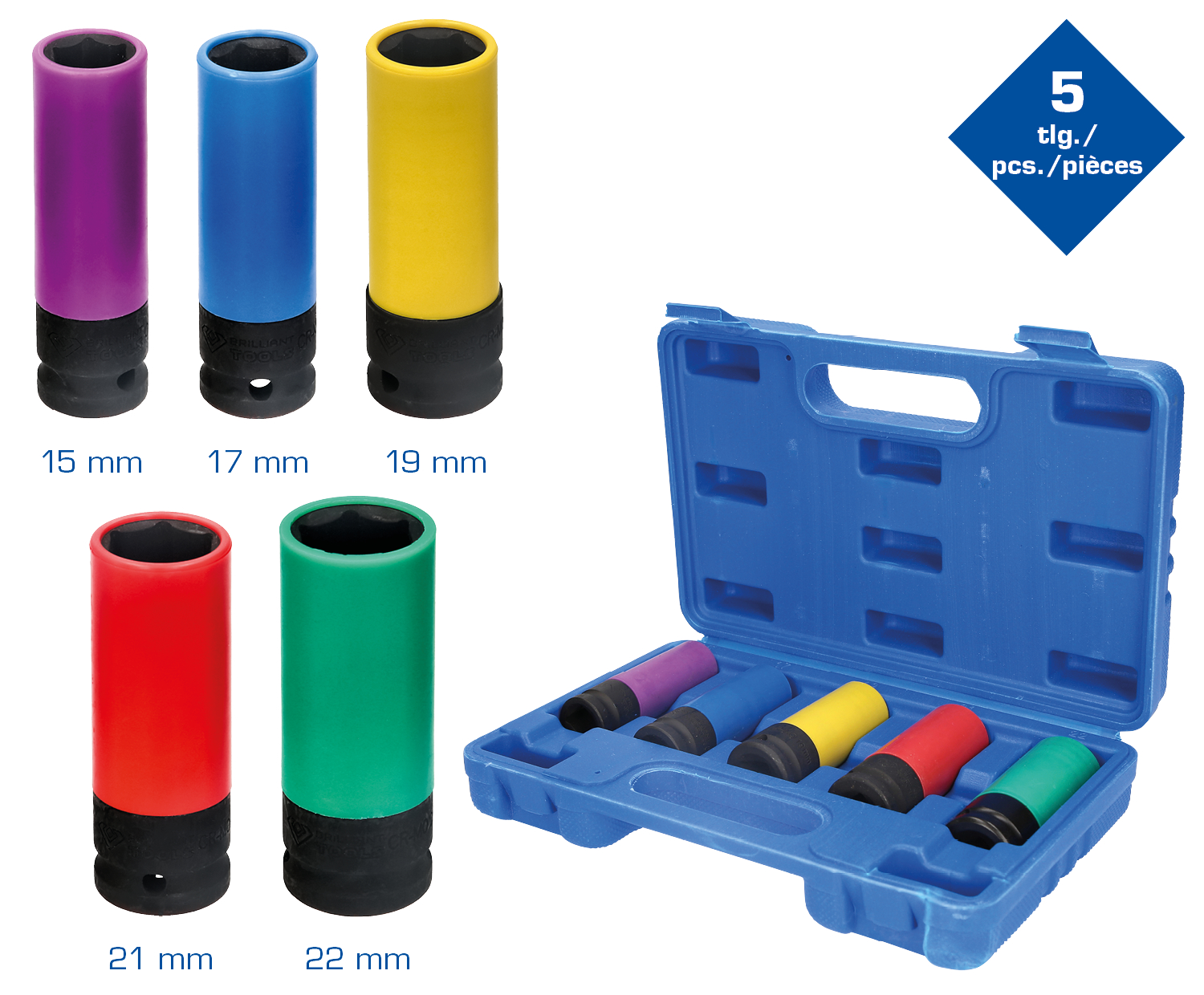 BRILLIANT TOOLS Felgen-Demontagewerkzeug 1/2 Alu-Felgen-Kraft-Stecknuss-Satz, 5-tlg bt691010