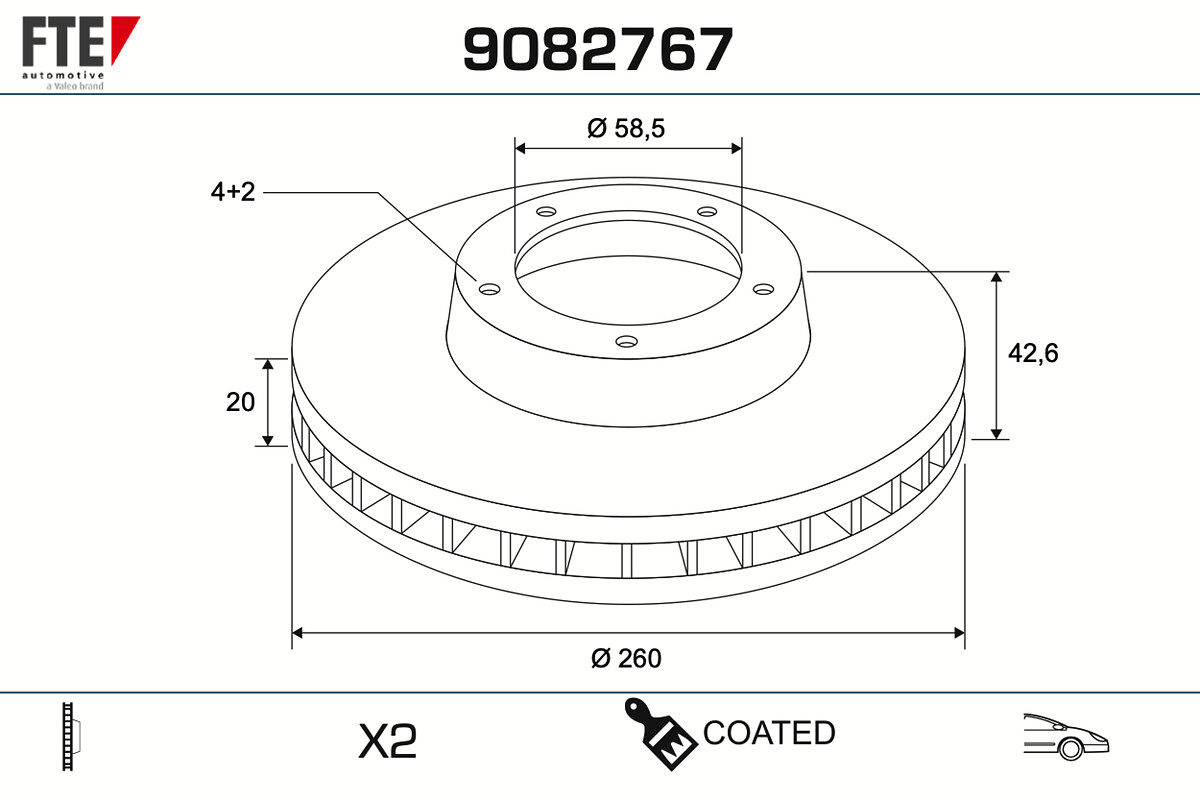 FTE Bremsscheibe 9082767 vorne rechts links belüftet 260mm für LADA DATSUN 21123501070 2112-0350-1070-0 402065PA0E