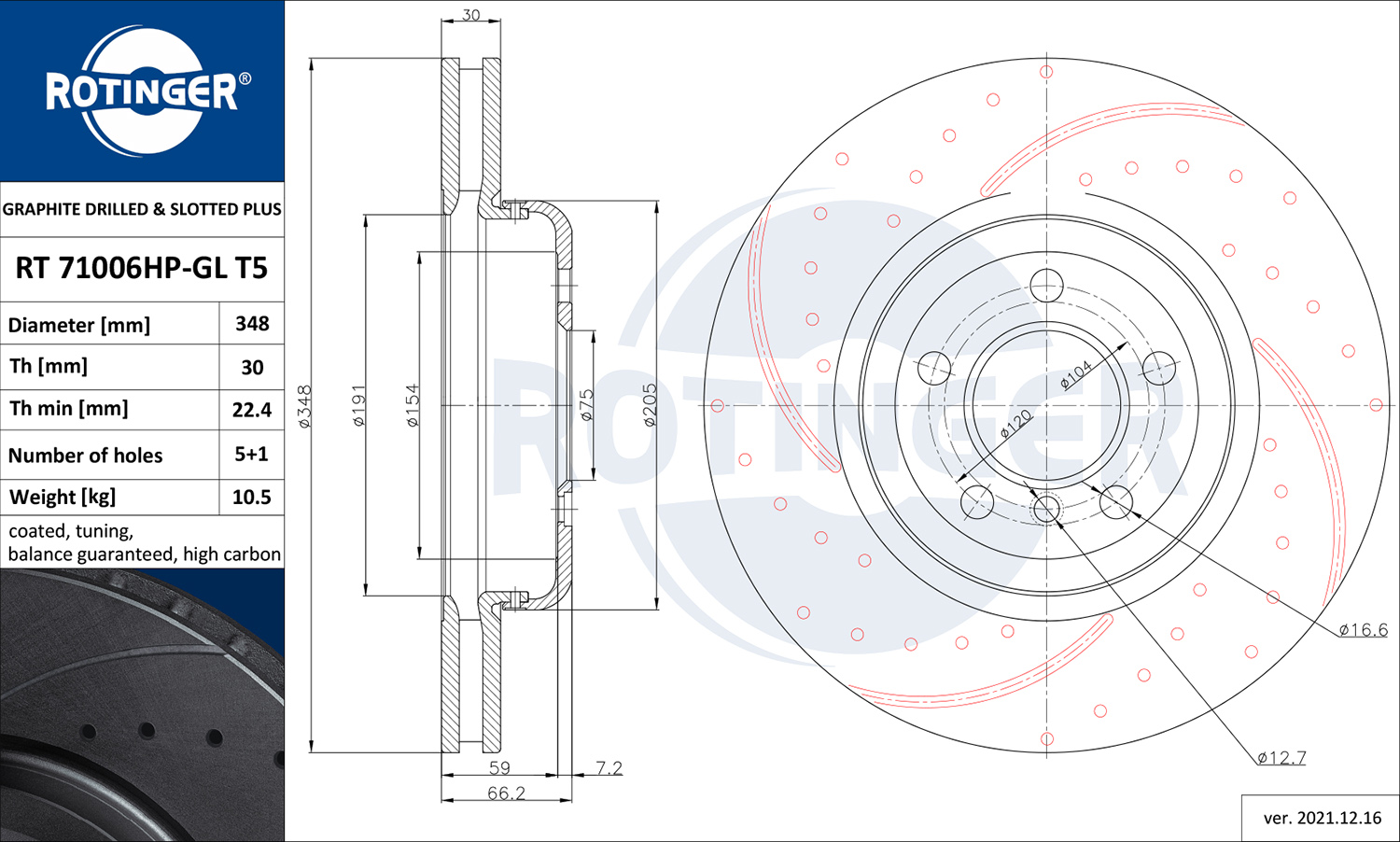 ROTINGER Bremsscheibe GRAPHITE LINE TUNING rt71006hpglt5 Vorderachse belüftet 348mm 30mm für BMW (BRILLIANCE)