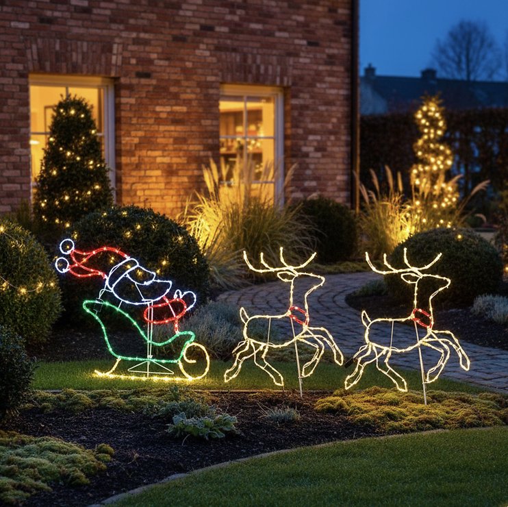 Luca Lighting LED-Ropelight Weihnachtsmann mit Rentier beweglich 309 LED bunt