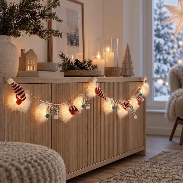 Luca Lighting LED Lichterkette Wichtelkopf 12 LED warmweiß innen batteriebetrieben 165 cm rot grau