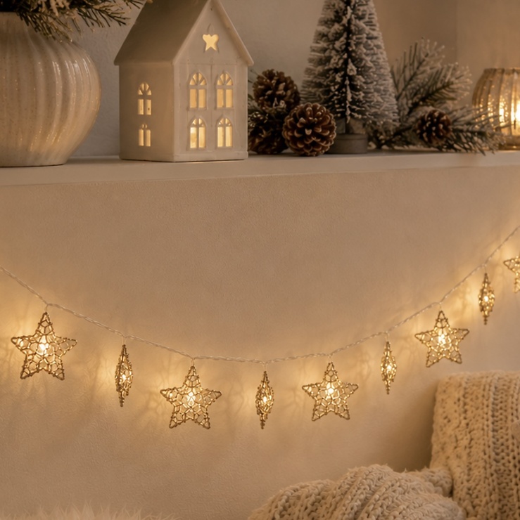 Luca Lighting LED Lichterkette Sterne 10 LED warmweiß batteriebetrieben 170 cm champagner glitzer
