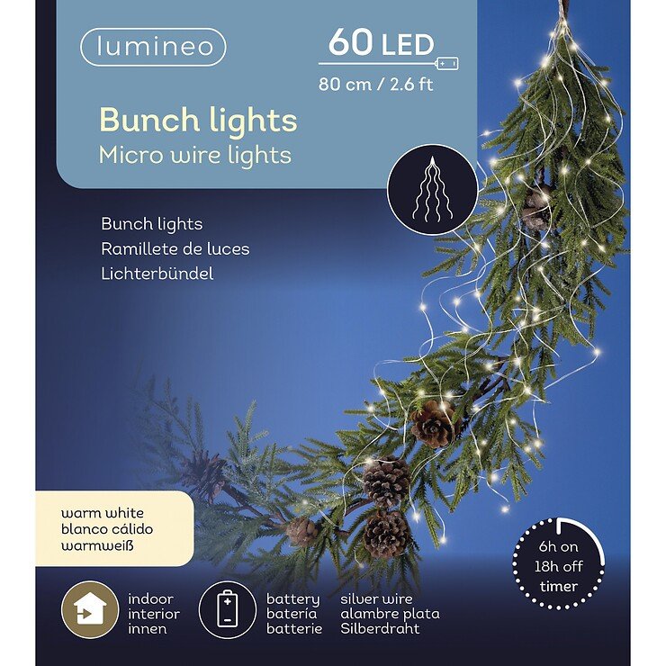 Kaemingk Lumineo LED-Lichtbündel 60 Micro LED warmweiß batteriebetrieben 80 cm silber