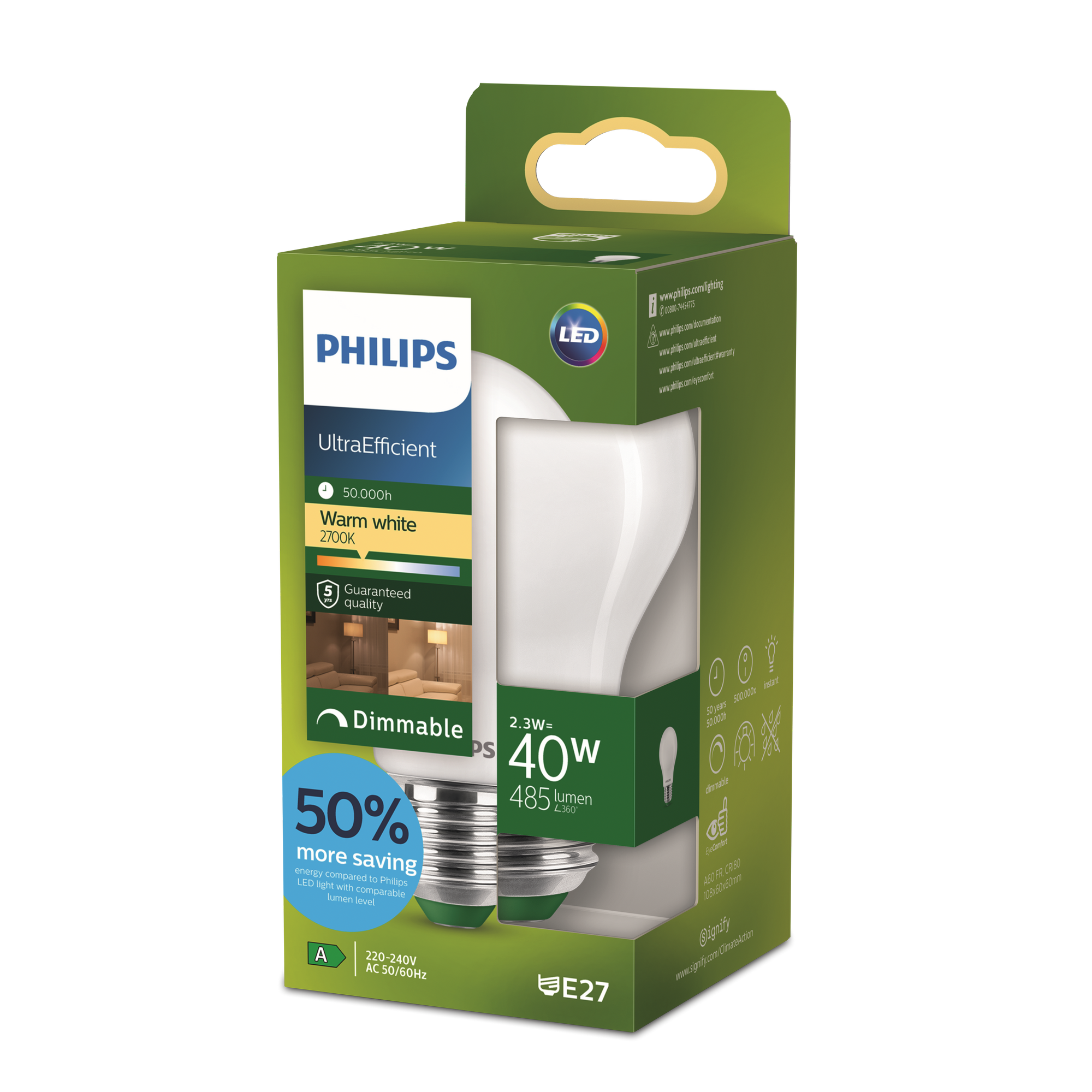 Philips LED-Lampe Lampe E27 A 40 W 485 lm matt dimmbar