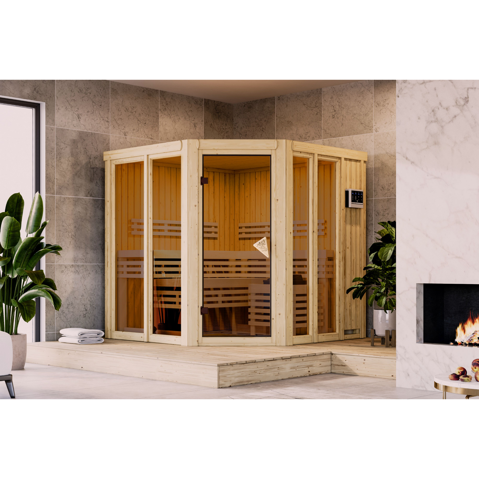 Karibu Sauna 'Airisa' naturbelassen 9 kW Bio externe Steuerung 196 x 198 x 196 cm
