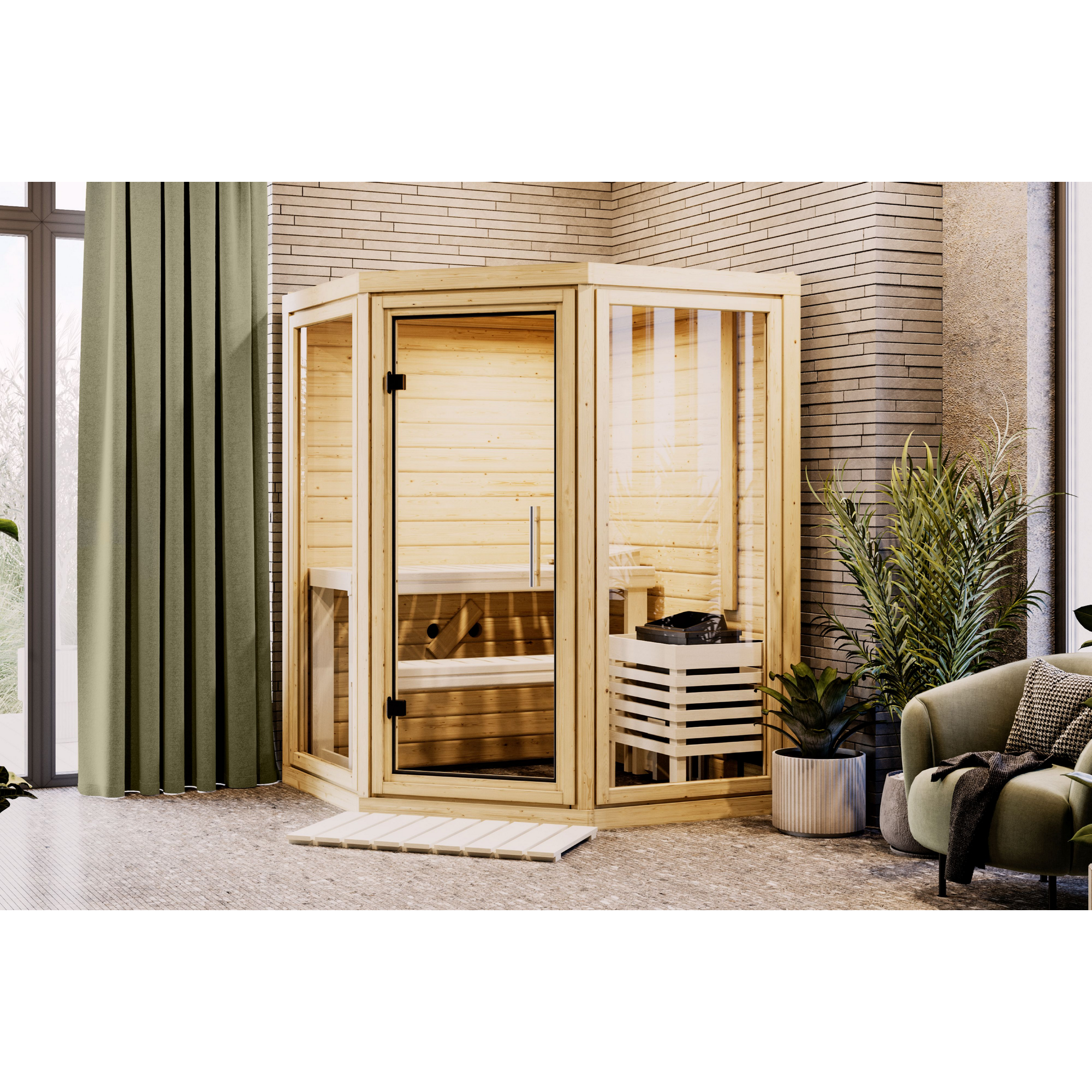 Karibu Sauna 'Yumalie' naturbelassen Ofen 9 kW integrierte Steuerung 158 x 207 x 158 cm