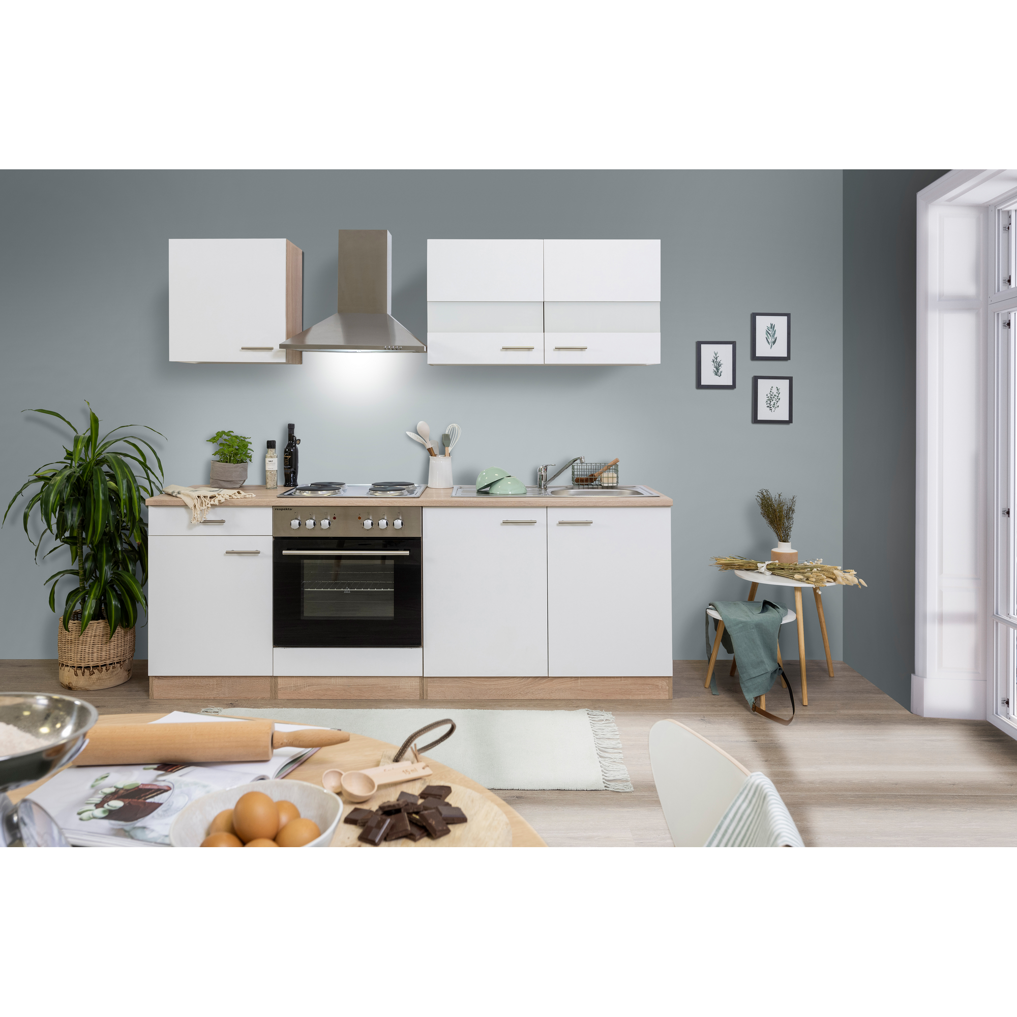 Respekta Küchenzeile 'Merle' mit E-Gräten KB210ESW weiß/eichefarben 210 cm