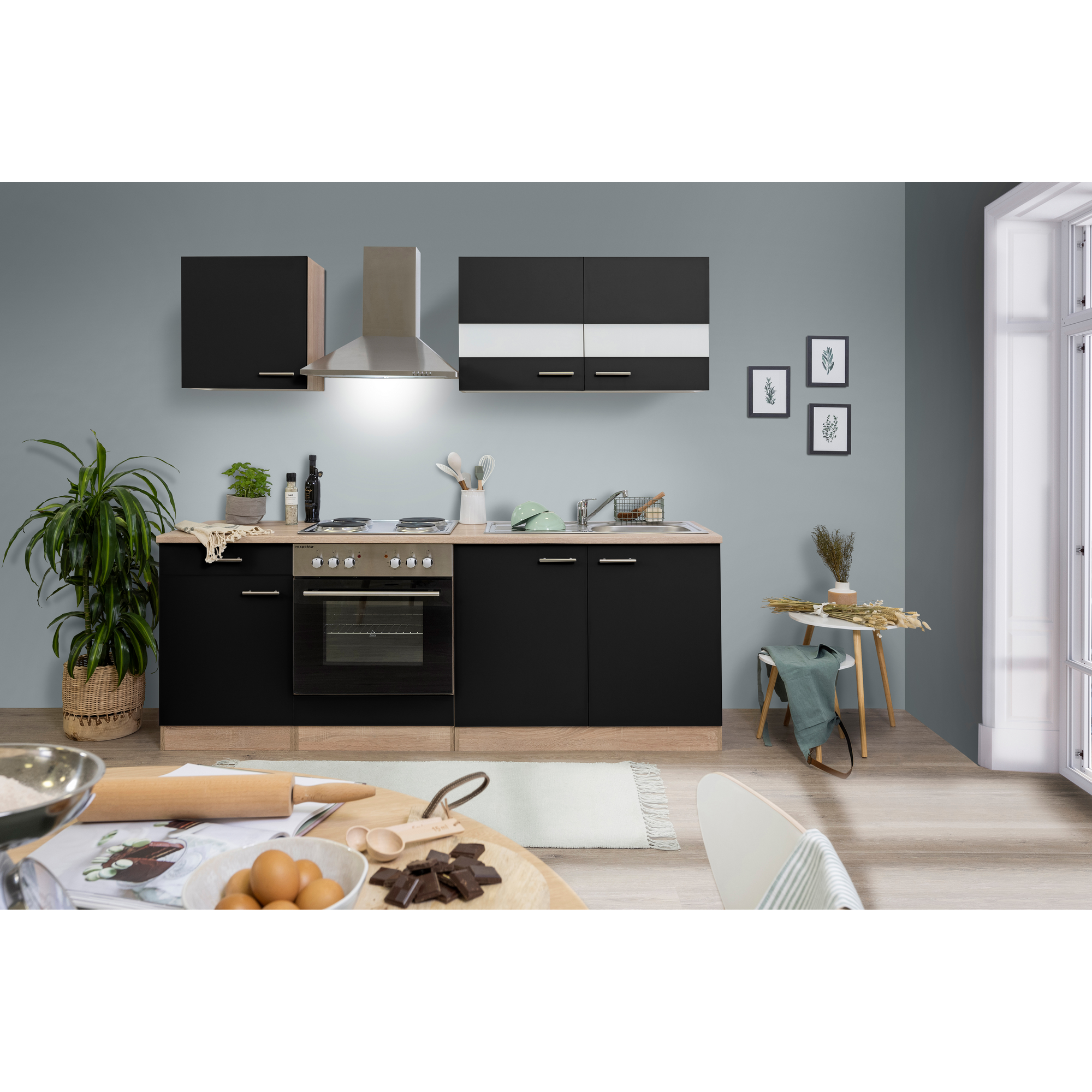 Respekta Küchenzeile 'Merle' mit E-Gräten KB210ESS schwarz/eichefarben 210 cm