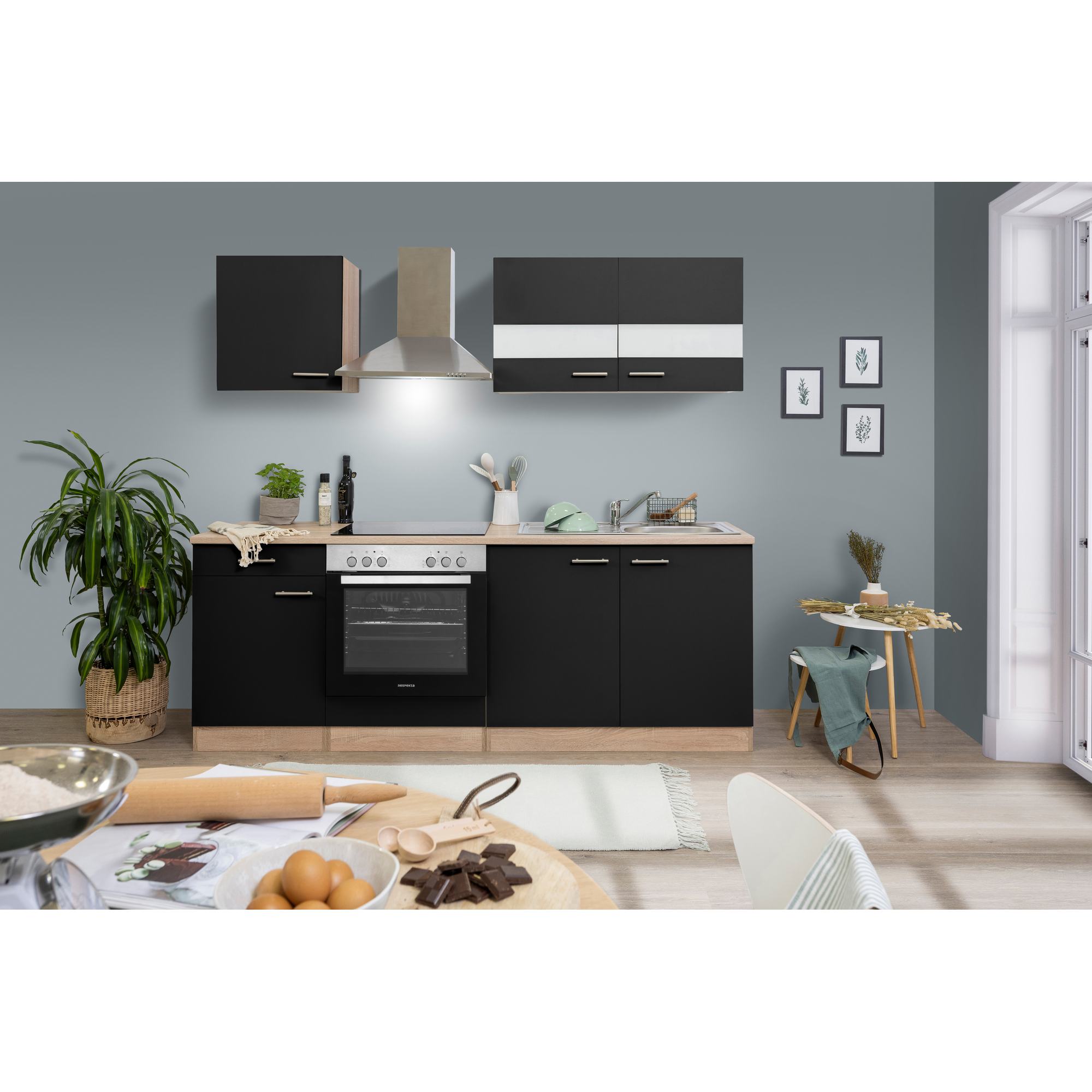 Respekta Küchenzeile 'Merle' mit E-Geräten KB210ESSC schwarz/eichfarben 210 cm