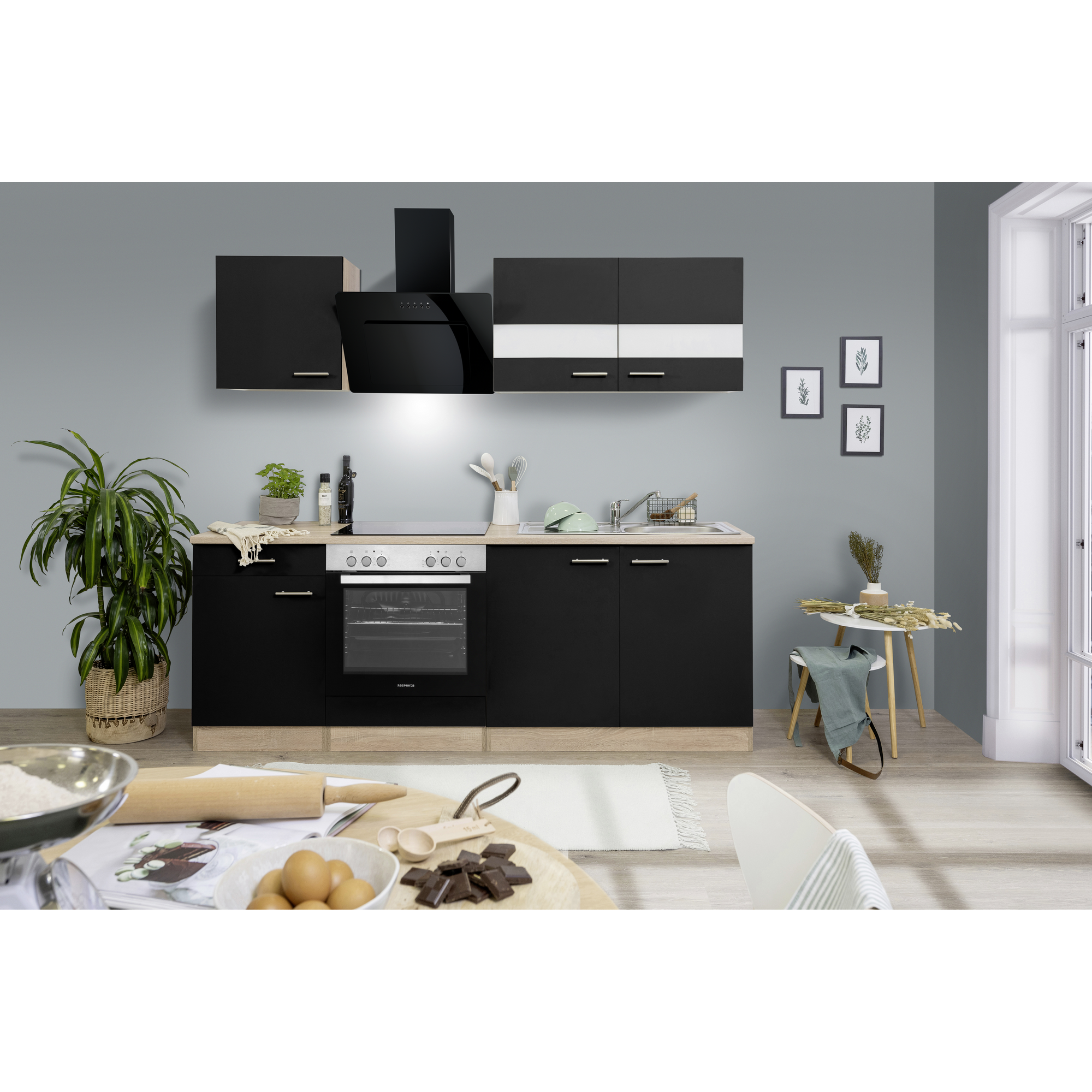 Respekta Küchenzeile 'Merle' mit E-Geräten KB210ESSSSC schwarz/eichefarben 210 cm