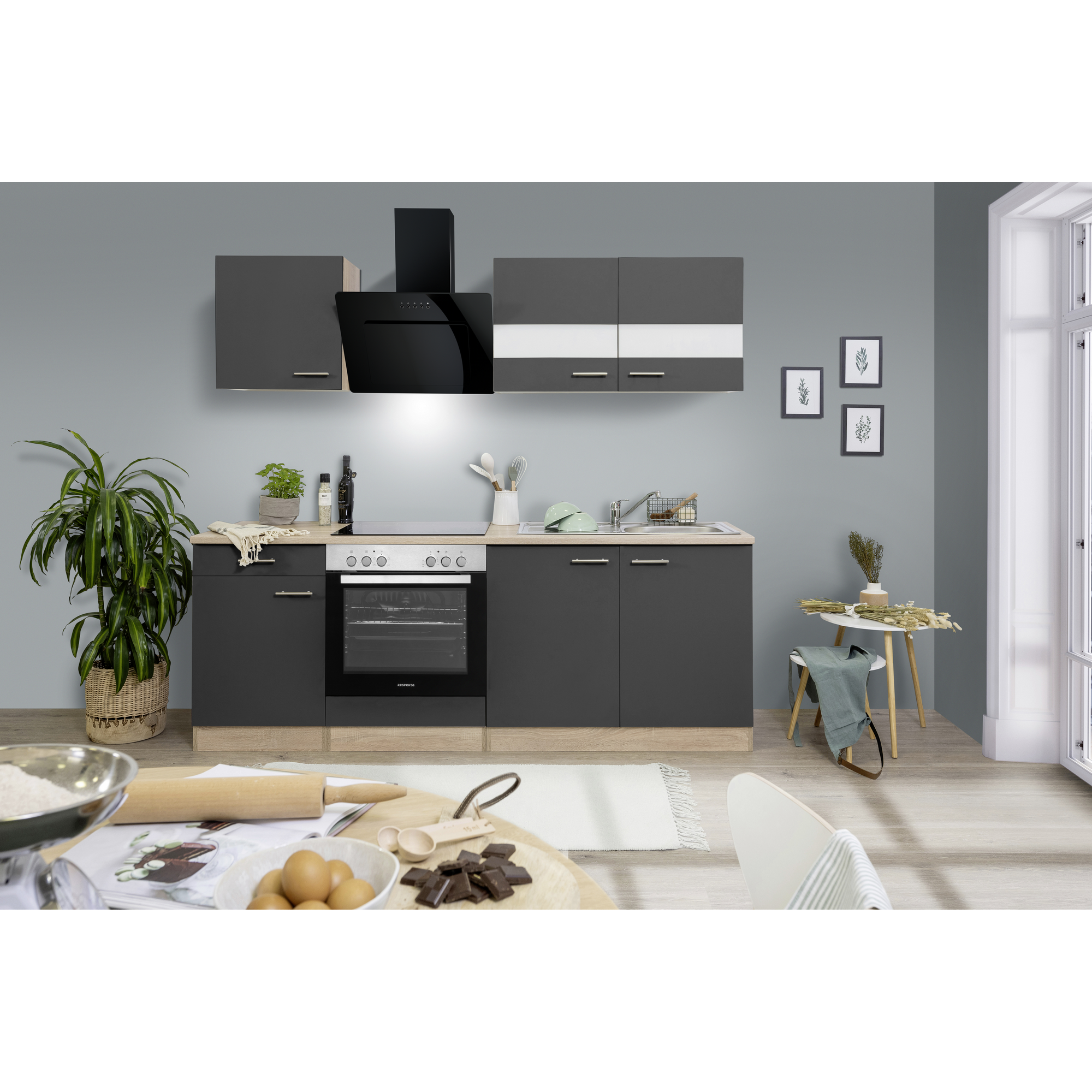 Respekta Küchenzeile 'Merle' mit E-Geräten KB210ESGSSC grau/eichefarben 210 cm