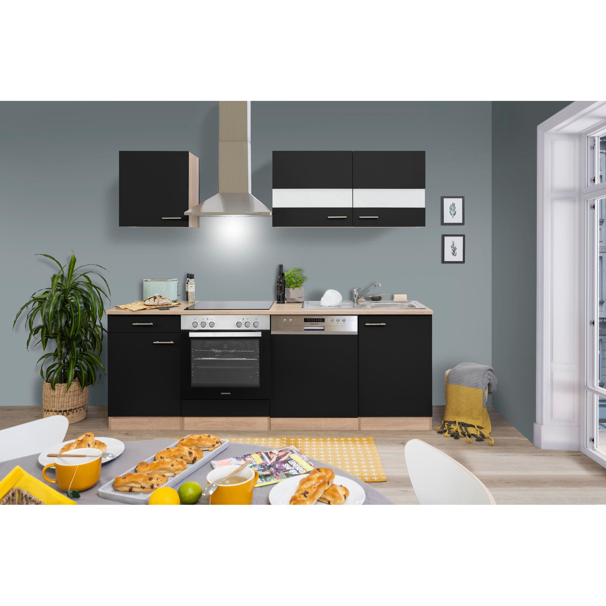 Respekta Küchenzeile 'Merle' mit E-Geräten KB220ESSC schwarz/eichefarben 220 cm