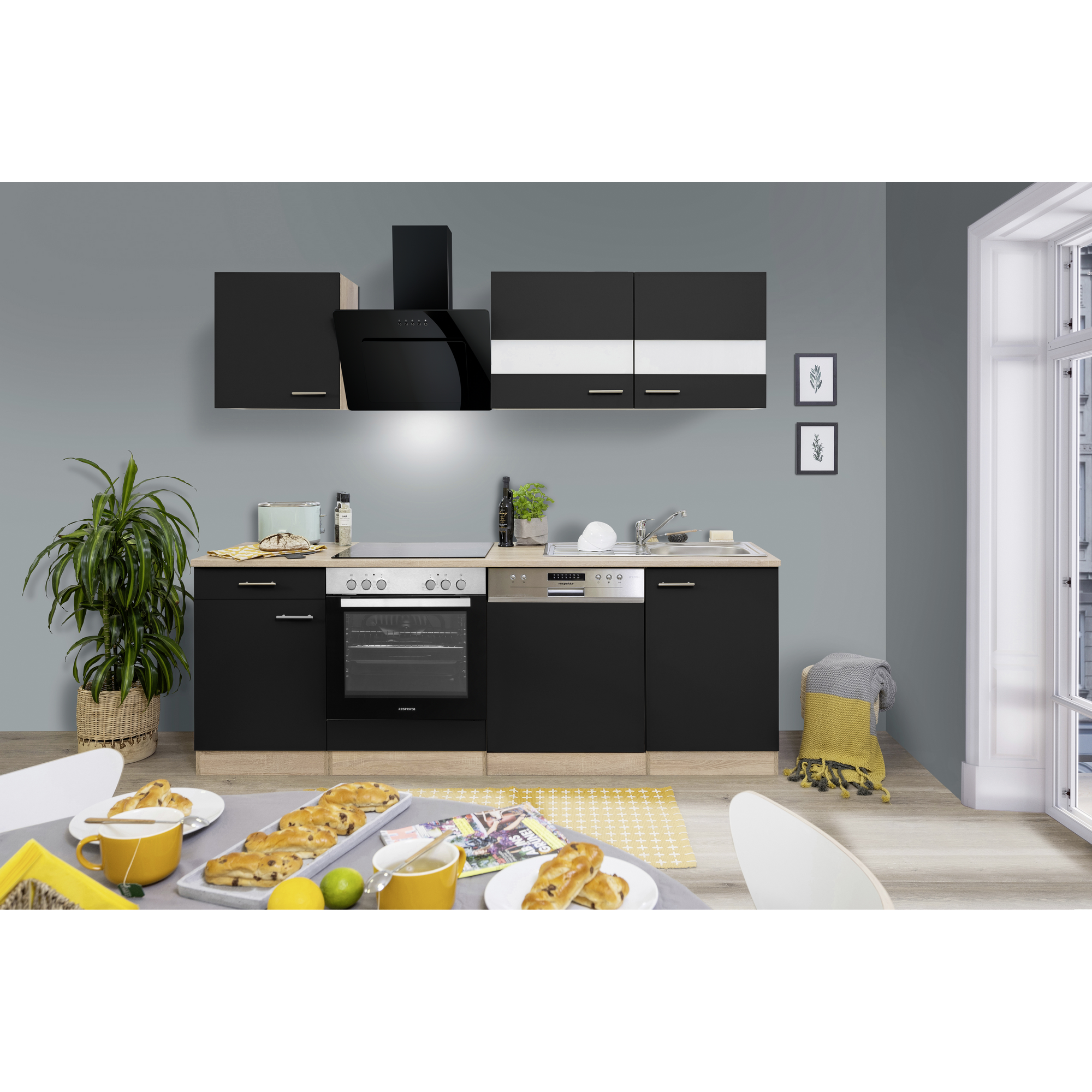 Respekta Küchenzeile 'Merle' mit E-Geräten KB220ESSSSC schwarz/eichefarben 220 cm