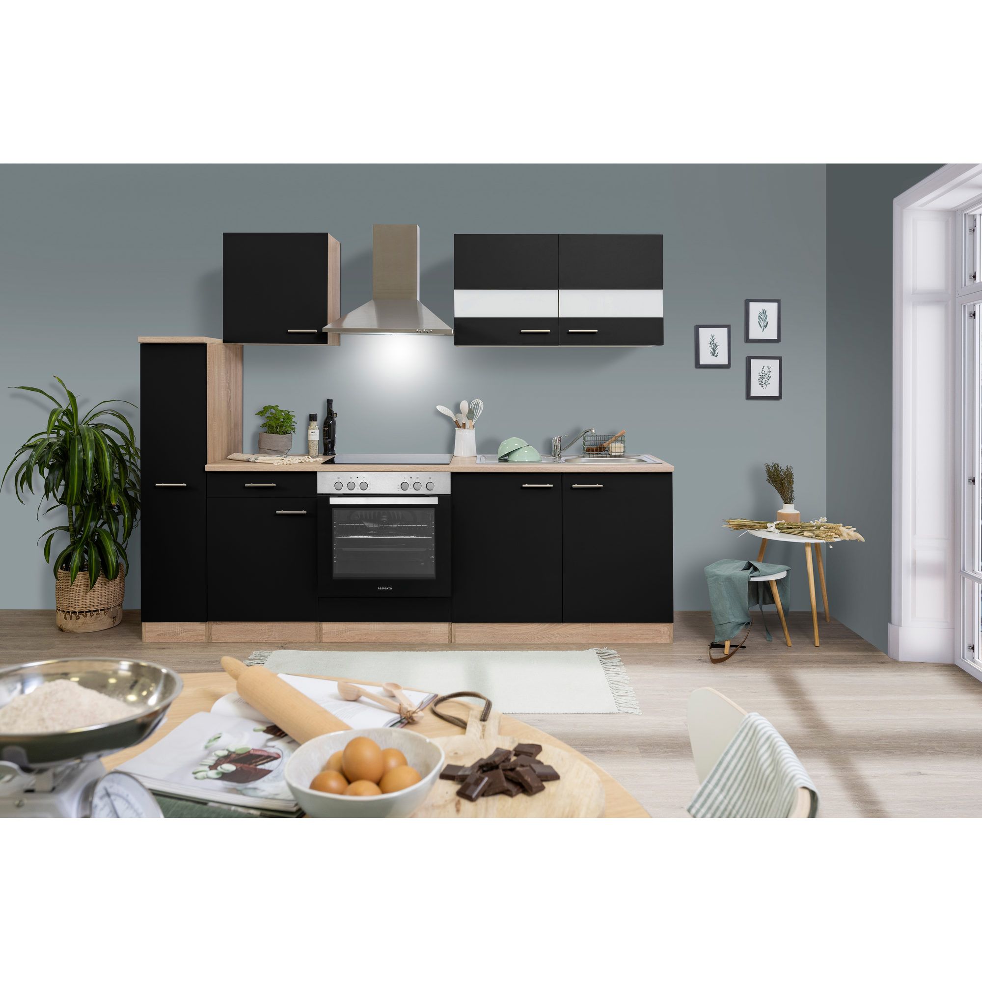 Respekta Küchenzeile 'Merle' mit E-Geräten KB240ESSC schwarz/eichefarben 240 cm