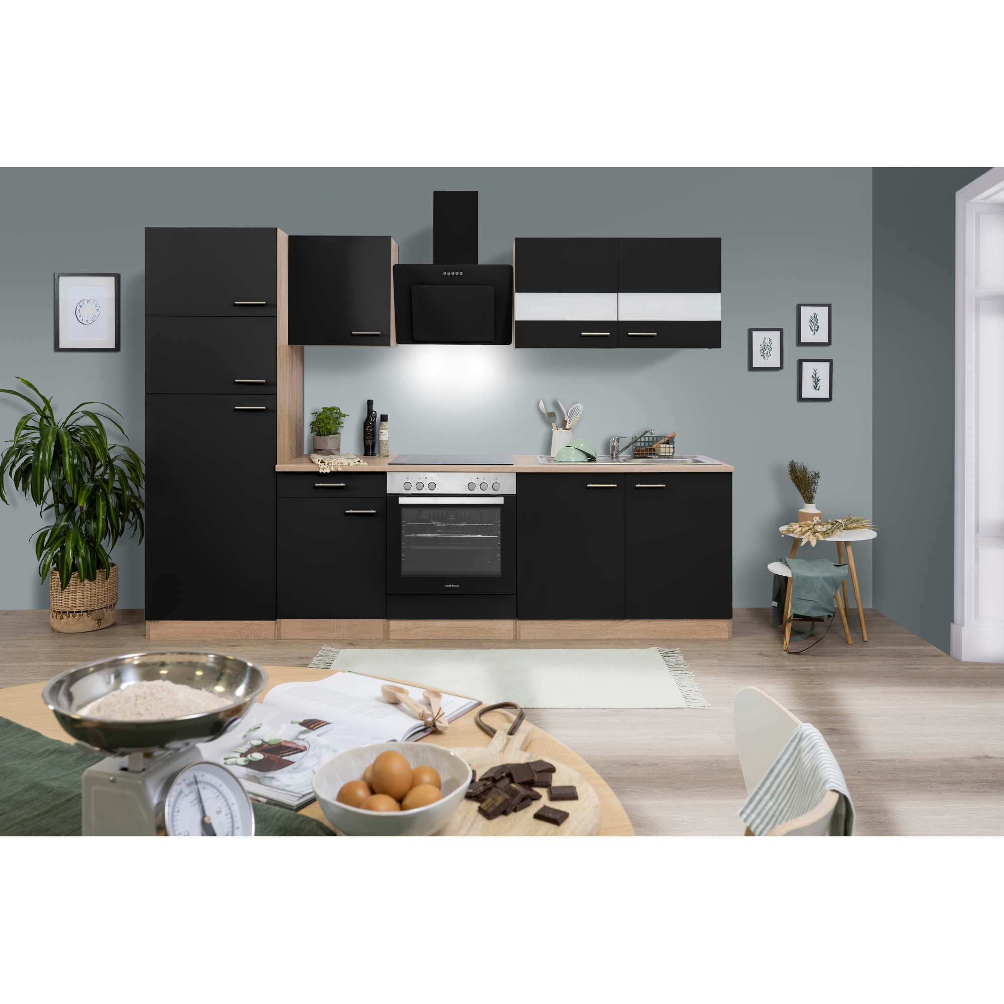 Respekta Küchenzeile 'Merle' mit E-Geräten KB270ESSCGKE schwarz/eichefarben 270 cm