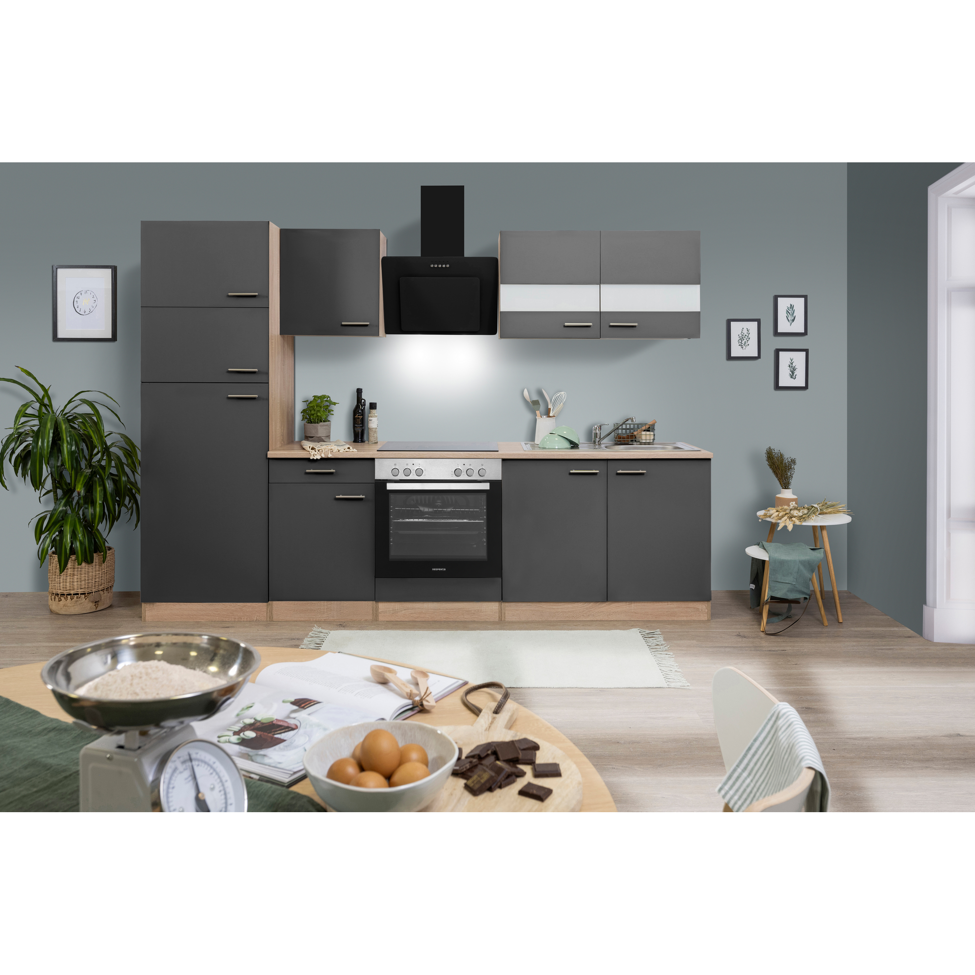 Respekta Küchenzeile 'Merle' mit E-Geräten KB270ESGCGKE grau/eichefarben 270 cm