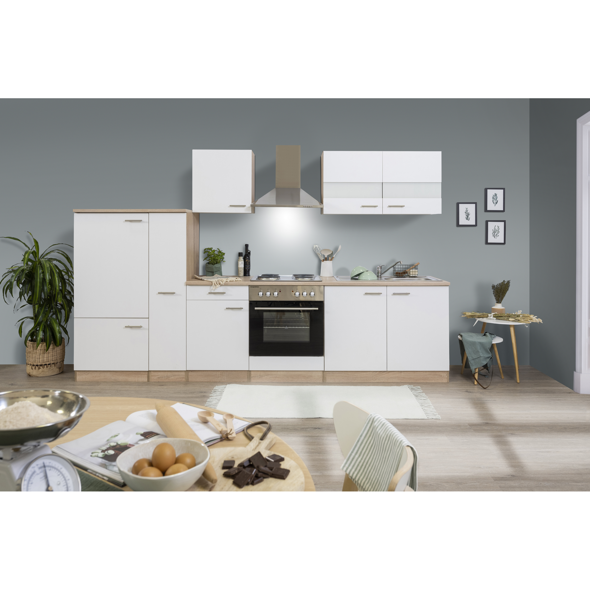 Respekta Küchenzeile 'Merle' mit E-Geräten KB300ESW weiß/eichefarben 300 cm