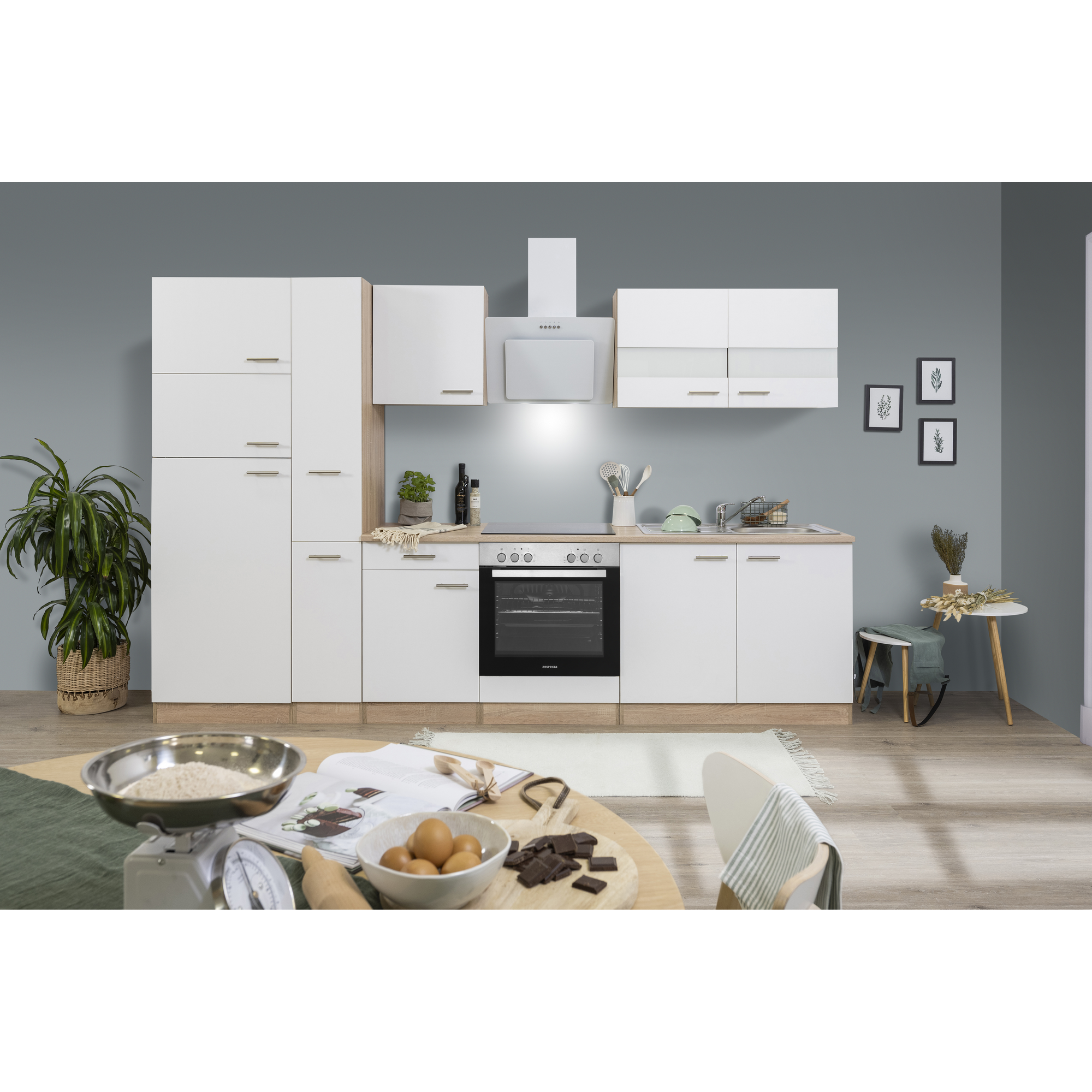 Respekta Küchenzeile 'Merle' mit E-Geräten KB300ESWCGKE weiß/eichefarben 300 cm