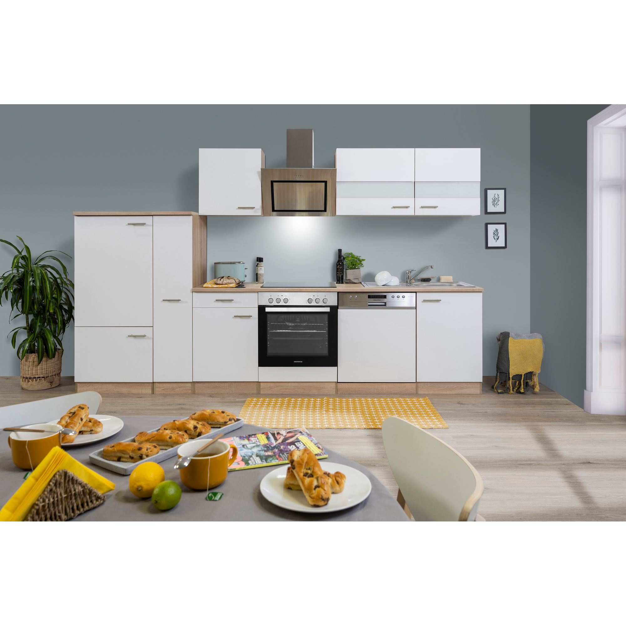 Respekta Küchenzeile 'Merle' mit E-Geräten KB310ESWSC weiß/eichefarben 310 cm