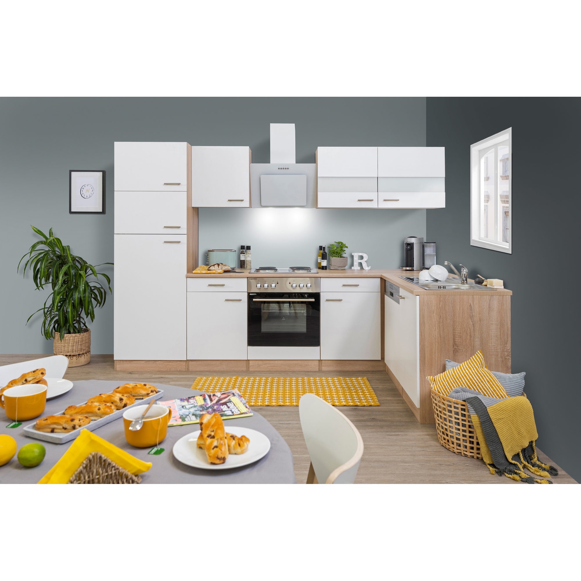 Respekta L-Küchenzeile 'Merle' mit E-Geräten KBL280ESWS weiß/eichefarben 280 cm