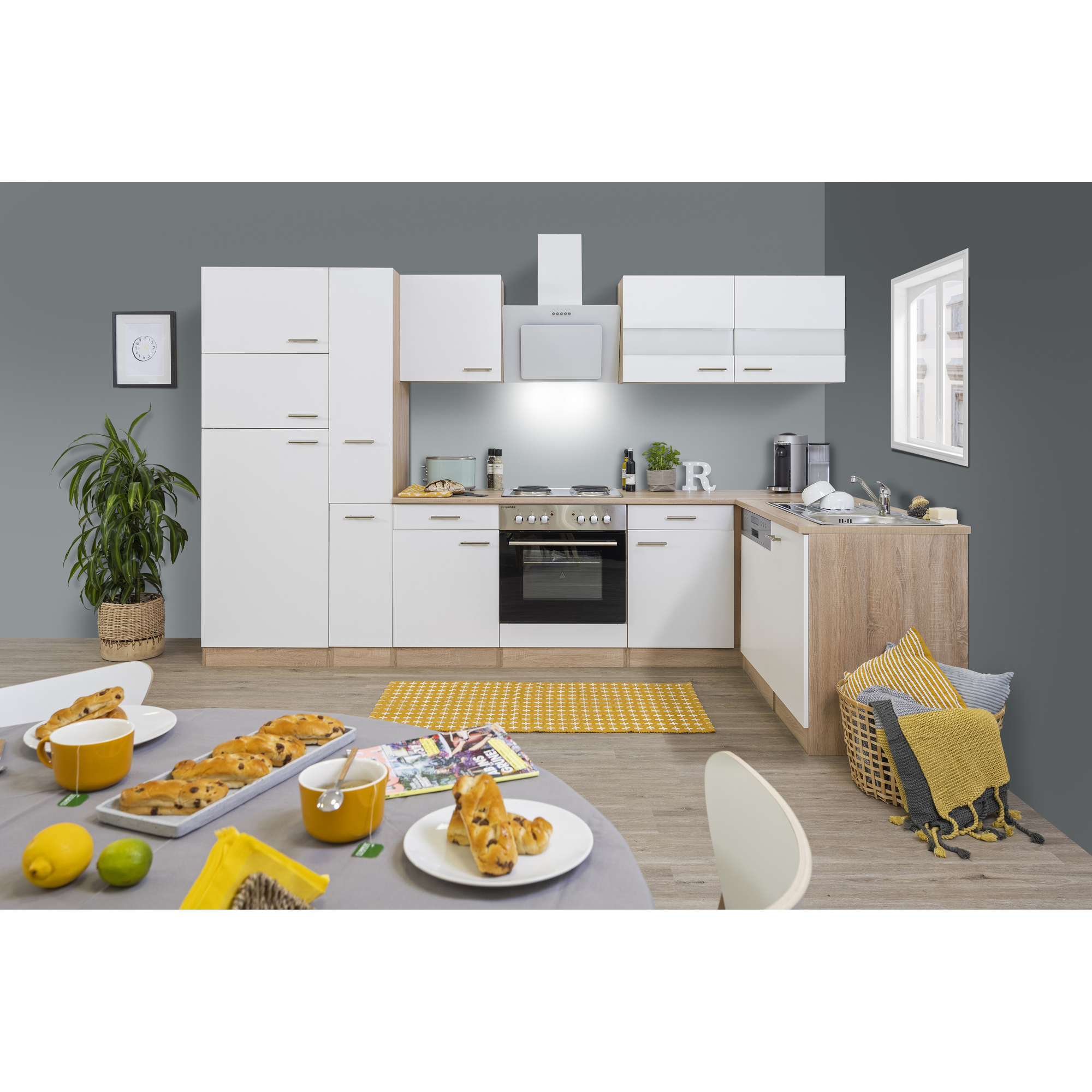 Respekta L-Küchenzeile 'Merle' mit E-Geräten KBL310ESWS weiß/eichefarben 310 cm