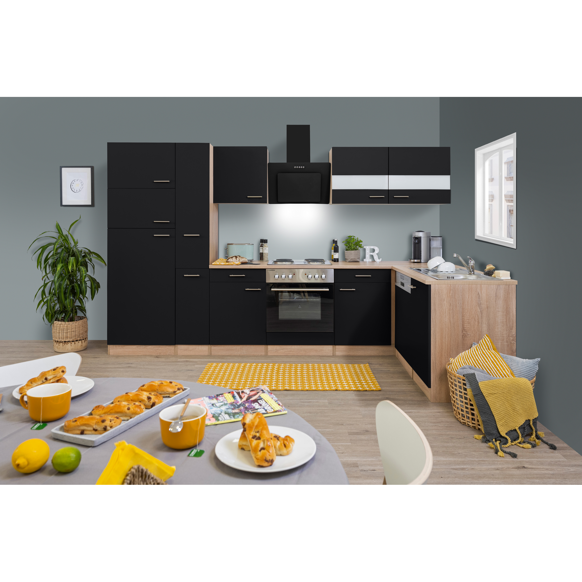 Respekta L-Küchenzeile 'Merle' mit E-Geräten KBL310ESSS schwarz/eichefarben 310 cm