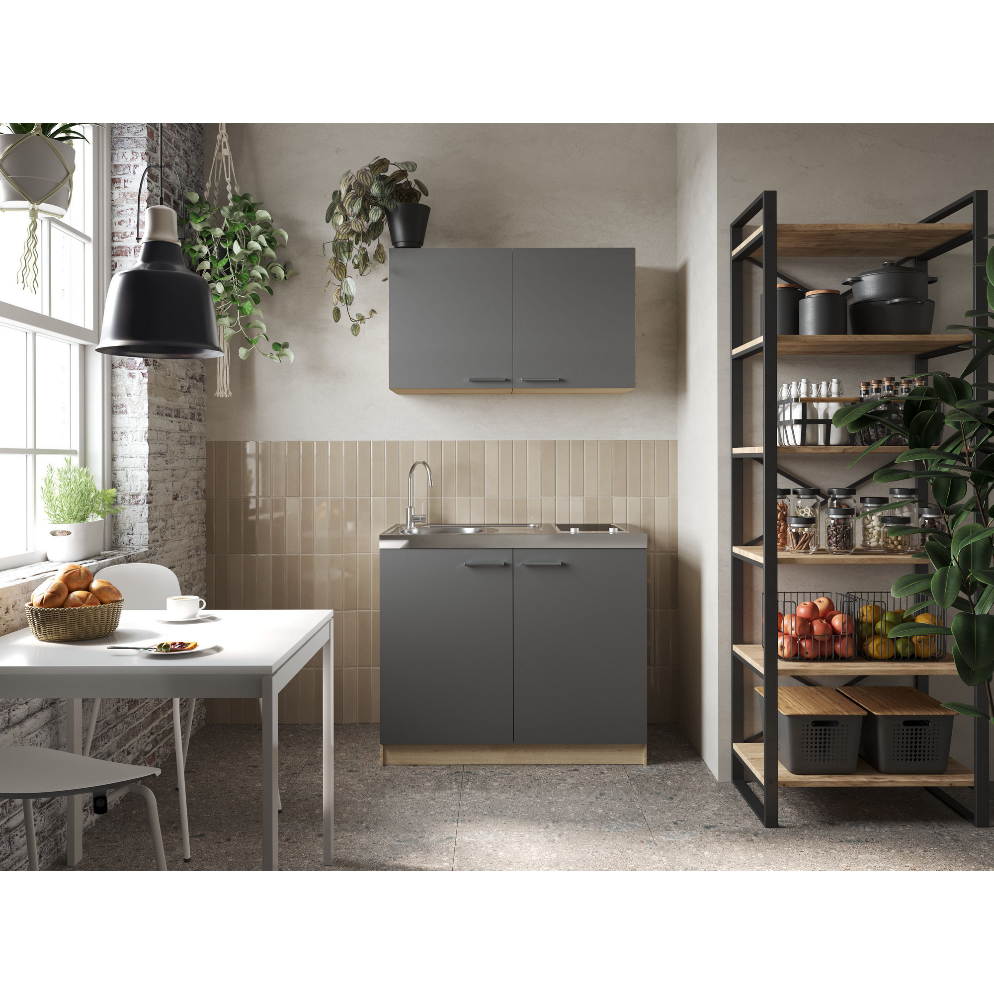 Respekta Küchenmöbel-Set 'Merle 4' grau/eichefarben mit Spüle und Glaskeramikkochfeld 100 cm