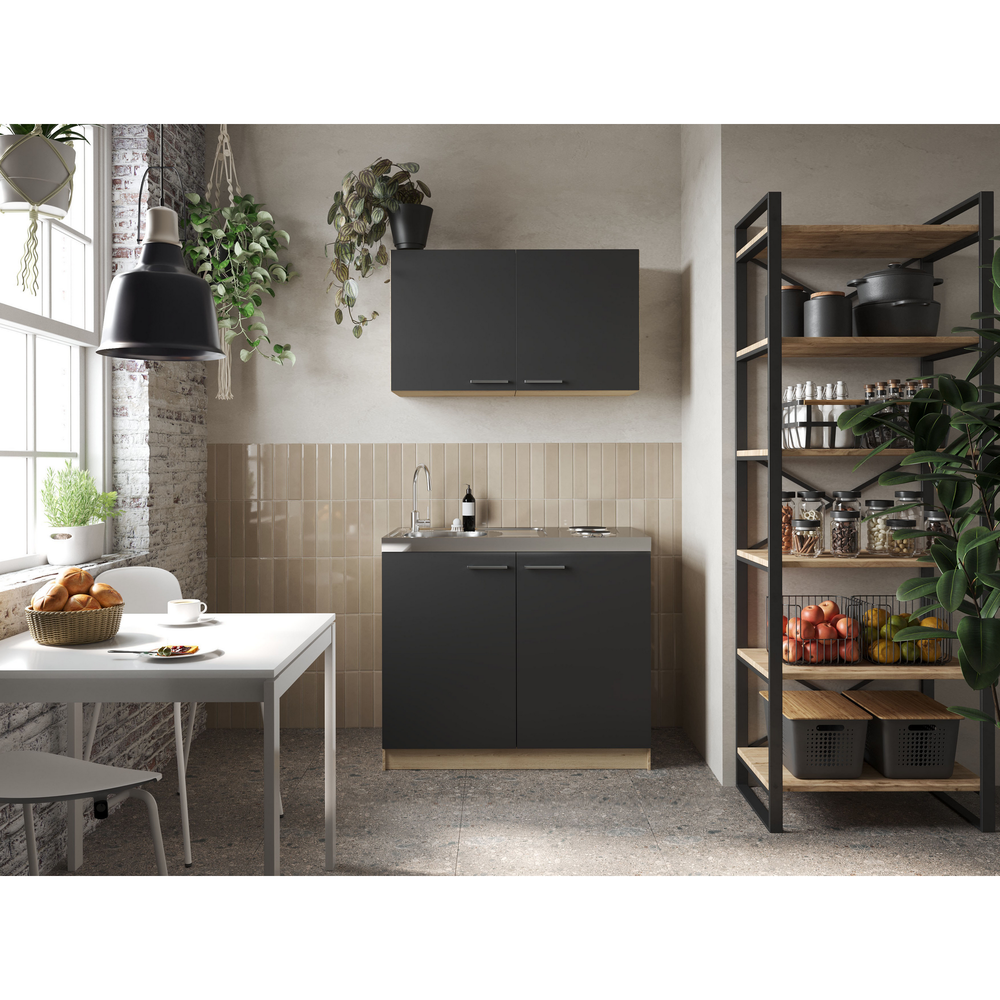Respekta Küchenmöbel-Set 'Merle 6' schwarz/eichefarben mit Spüle und Edelstahlkochmulde 100 cm