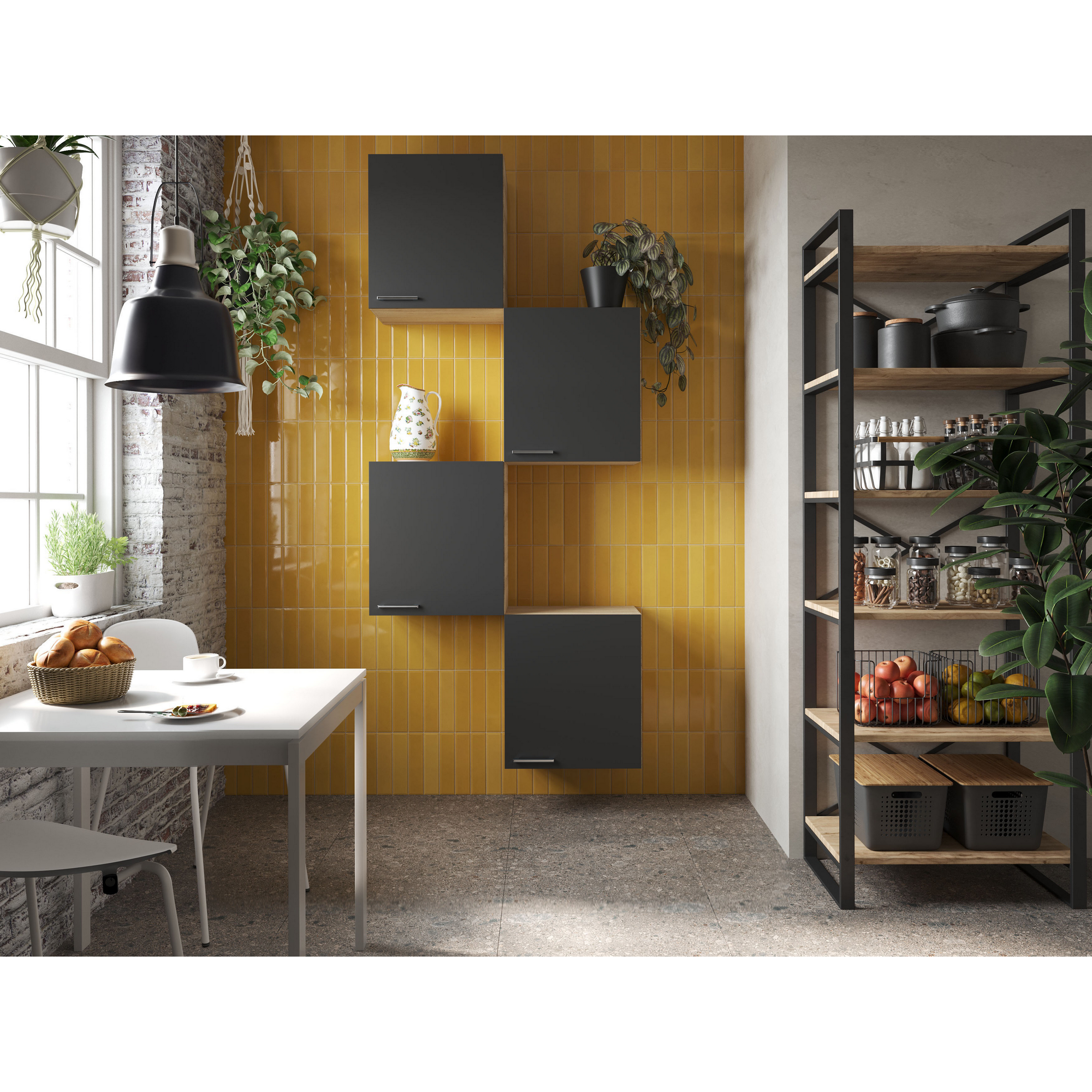 Respekta Küchenmöbel-Set 'Merle 7' schwarz/eichefarben 4 x Oberschränke 50 cm