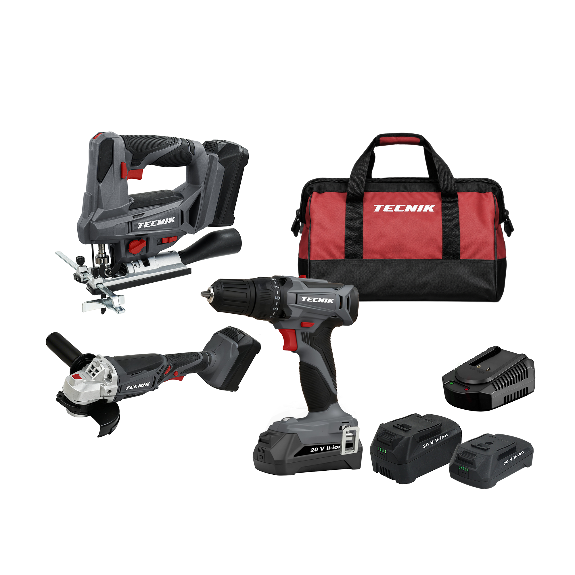 Akku-Maschinen-Set 20 V mit Bohrschrauber, Akku-Stichsäge, Akku-Winkelschleifer und 2 Akkus und Ladegerät
