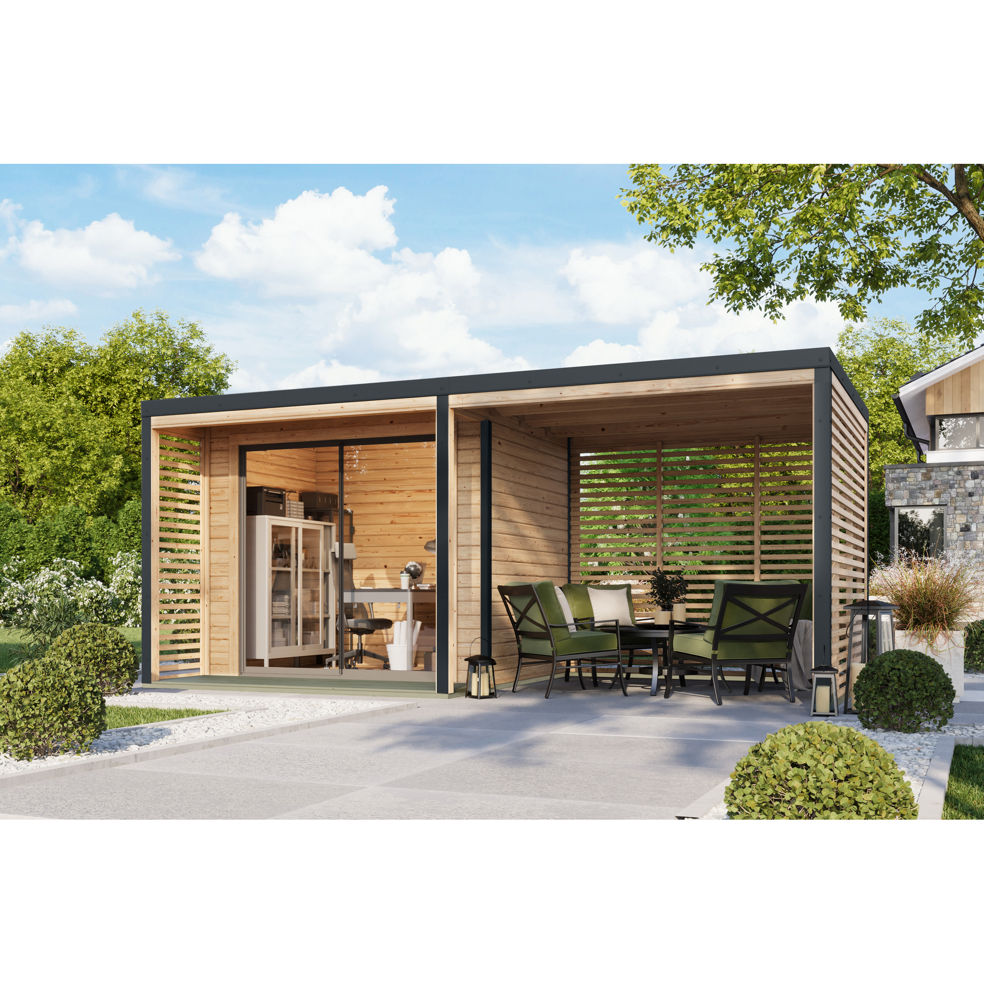 Karibu Gartenhaus-Set 'Neptun A' Fichtenholz naturbelassen/anthrazit 537,5 x 231,5 x 276 cm