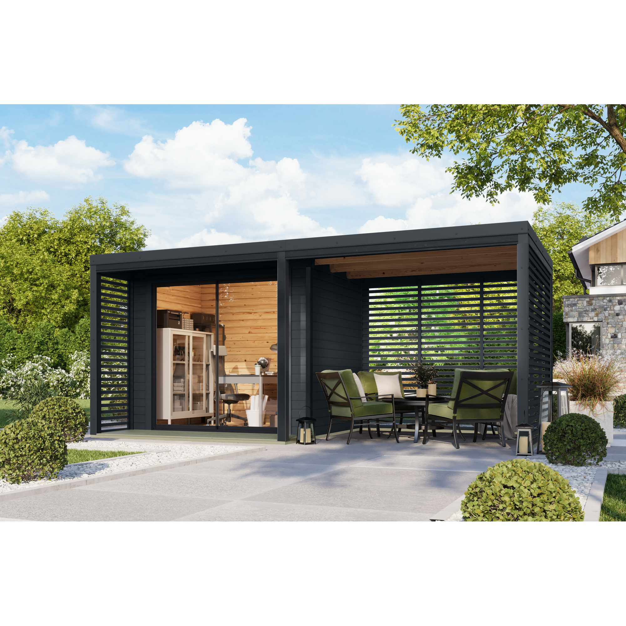 Karibu Gartenhaus-Set 'Neptun B' Fichtenholz anthrazit/anthrazit 537,5 x 231,5 x 276 cm