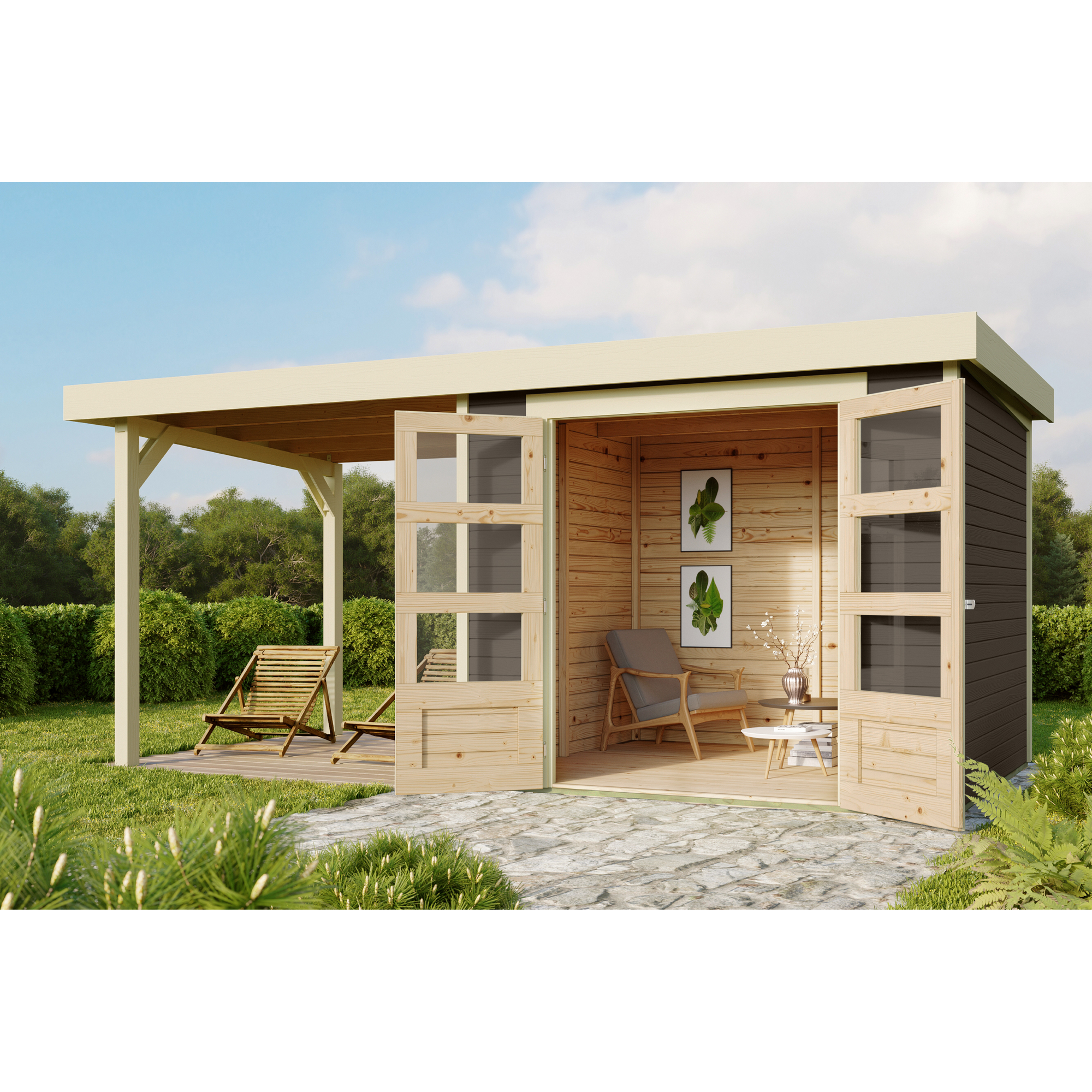 Karibu Gartenhaus-Set 'Blitz' Fichtenholz terragrau 462 x 211 x 217 cm