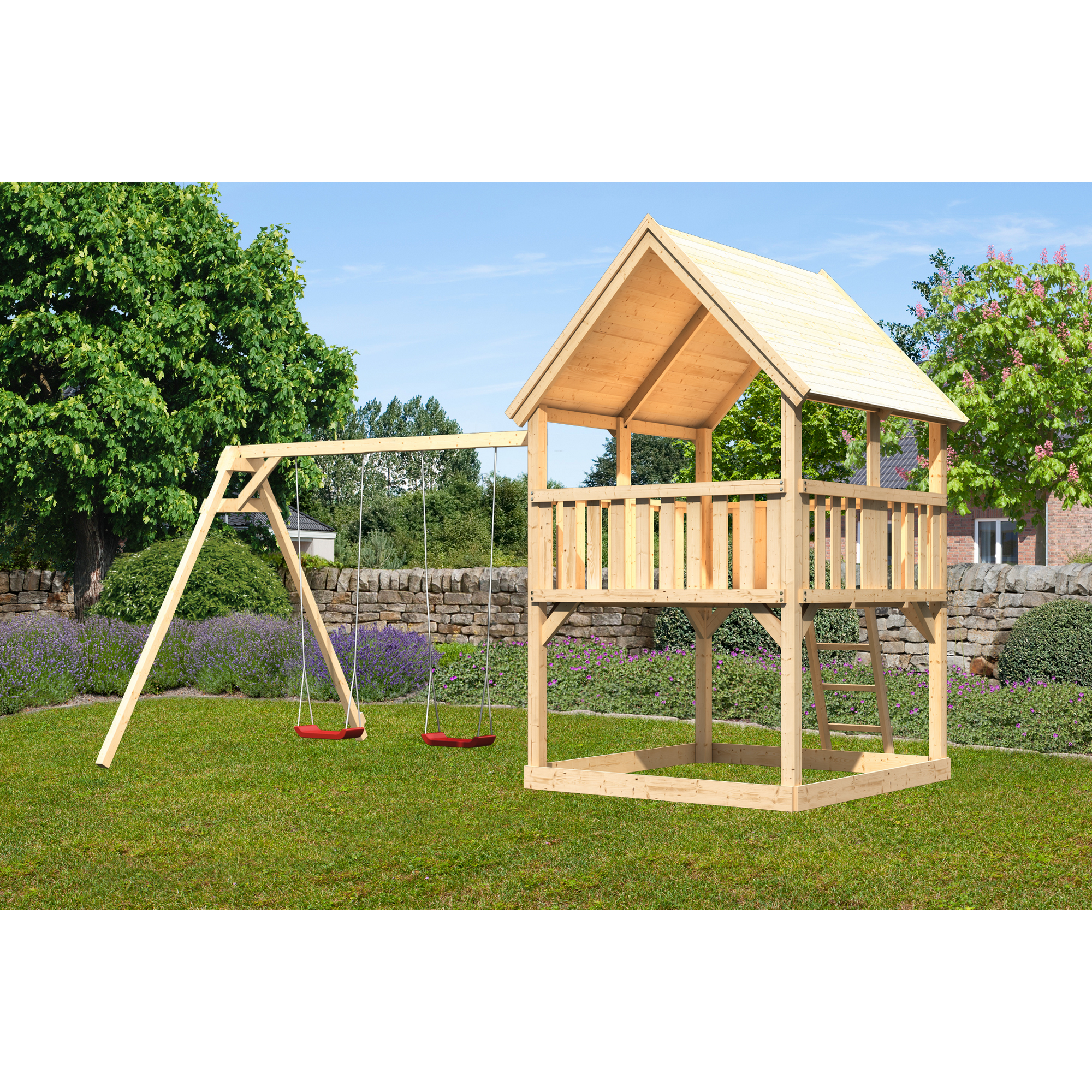 Karibu Spielturm 'Ida' naturbelassen mit Doppelschaukel 440 x 264 x 345 cm