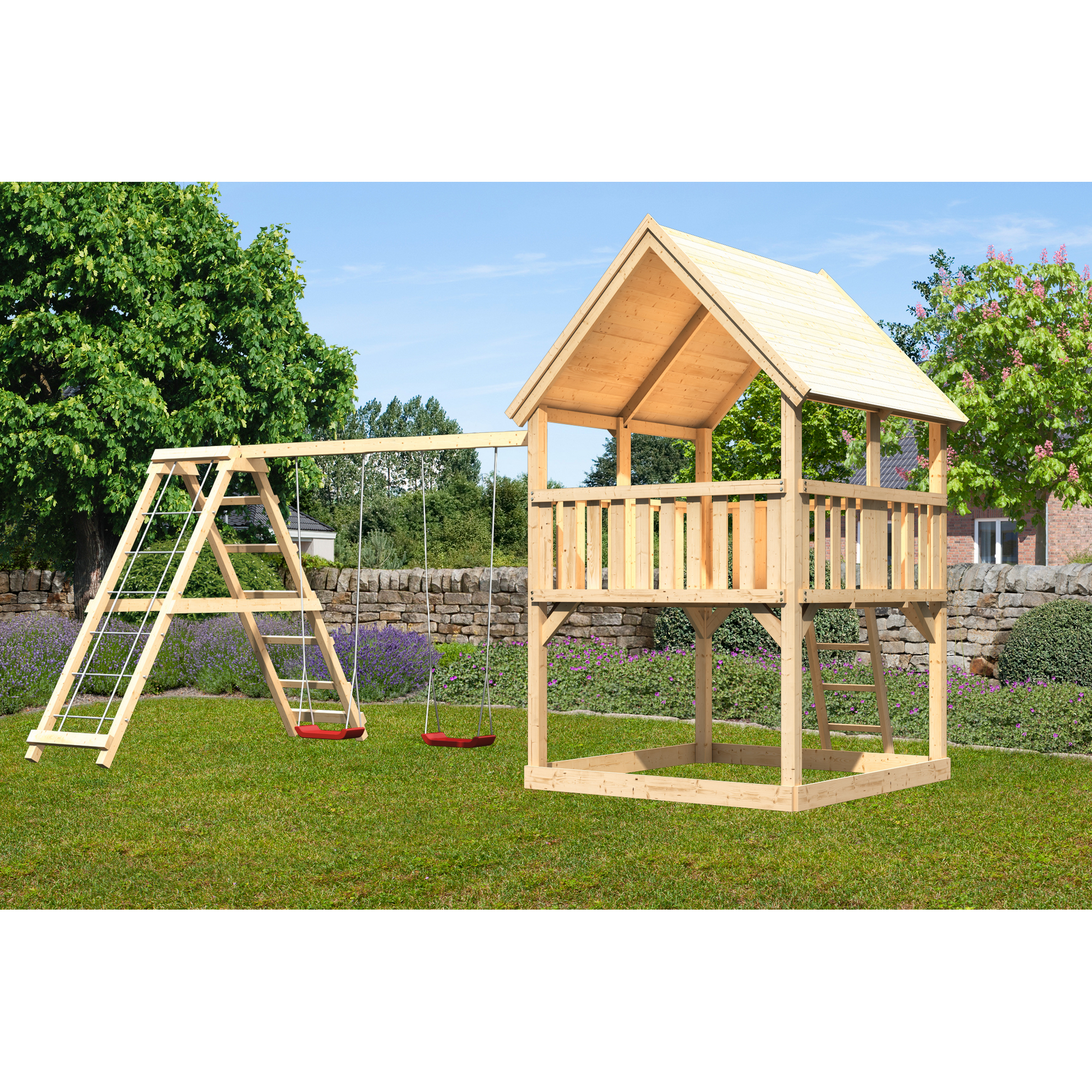 Karibu Spielturm 'Ida' naturbelassen mit Doppelschaukel, Klettergerüst 508 x 264 x 345 cm