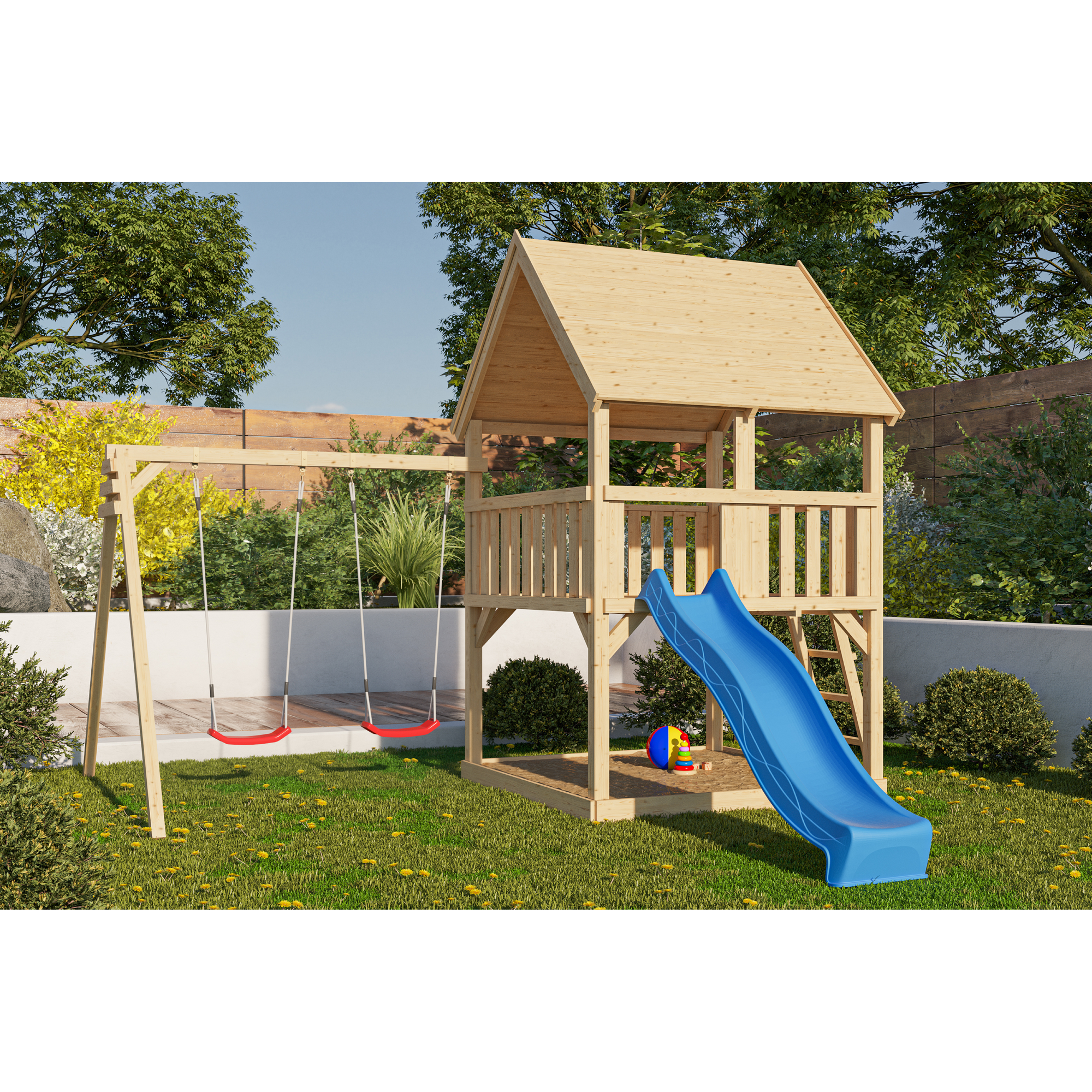 Karibu Spielturm 'Ida' naturbelassen mit Rutsche blau, Doppelschaukel 440 x 394 x 345 cm