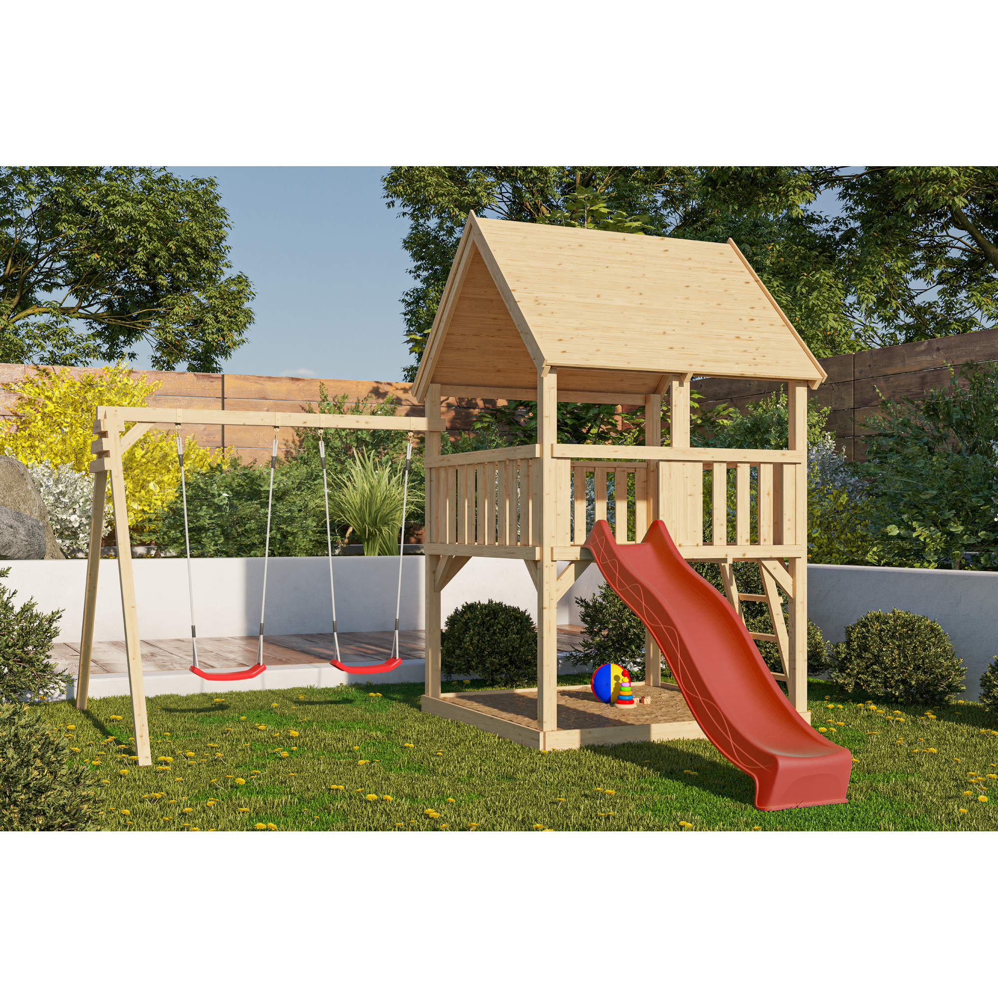 Karibu Spielturm 'Ida' mit Doppelschaukel, Rutsche rot 440 x 394 x 345 cm