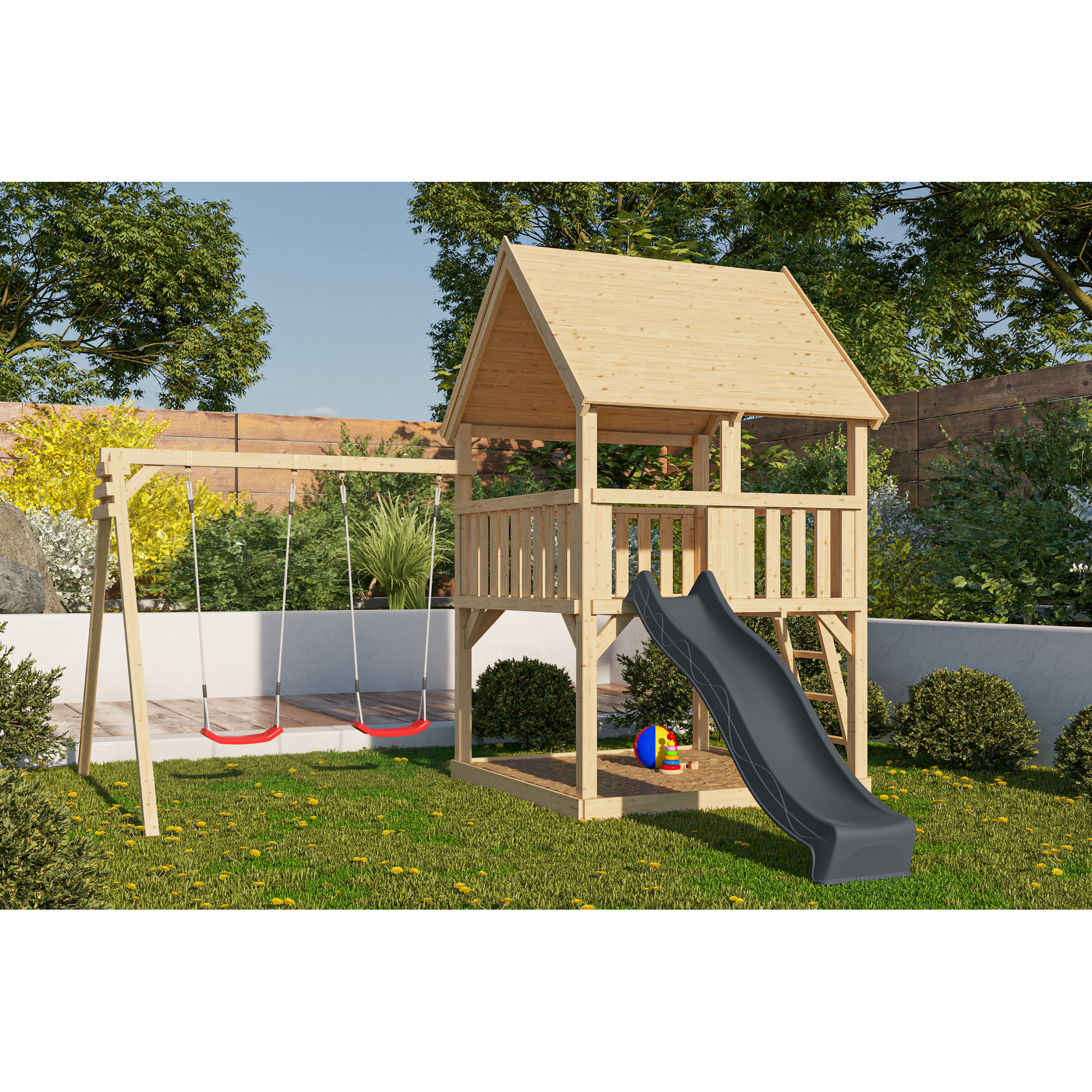 Karibu Spielturm 'Ida' naturbelassen mit Rutsche anthrazit, Doppelschaukel 440 x 394 x 345 cm