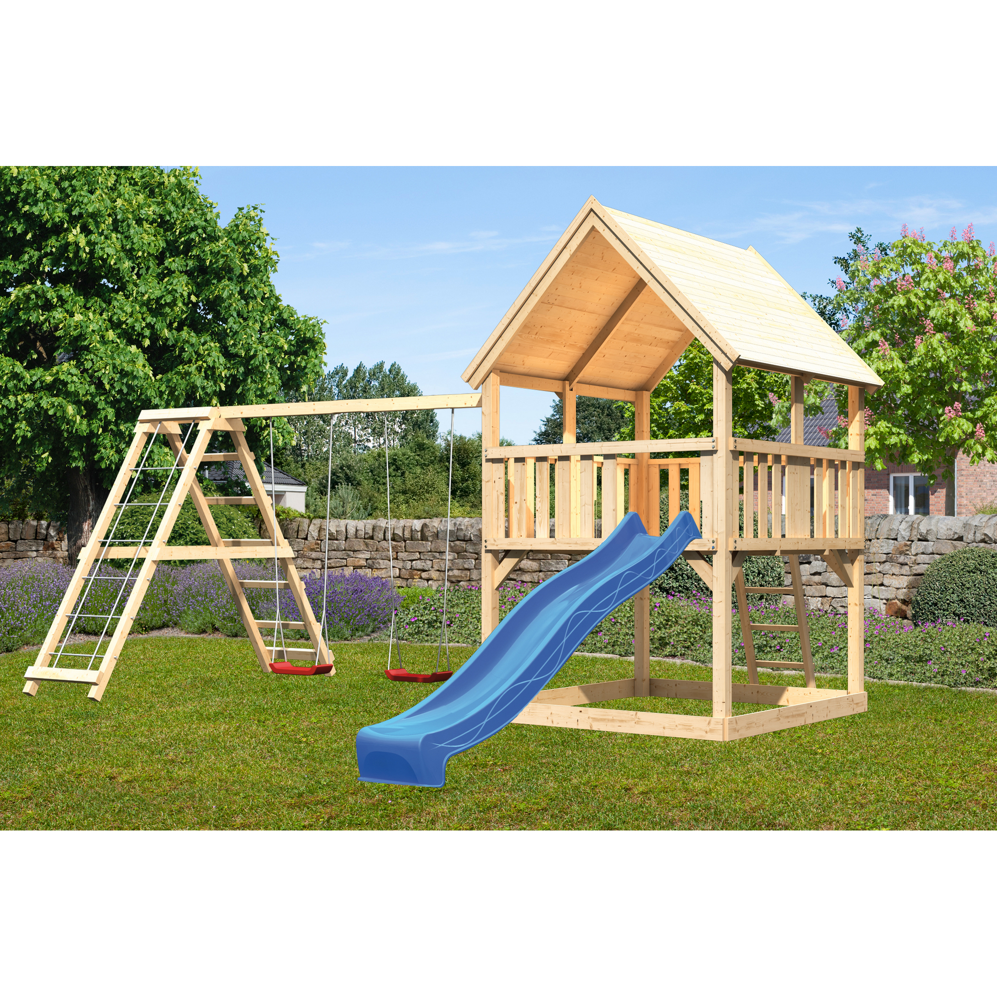 Karibu Spielturm 'Ida' naturbelassen mit Doppelschaukel, Rutsche blau 508 x 394 x 345 cm
