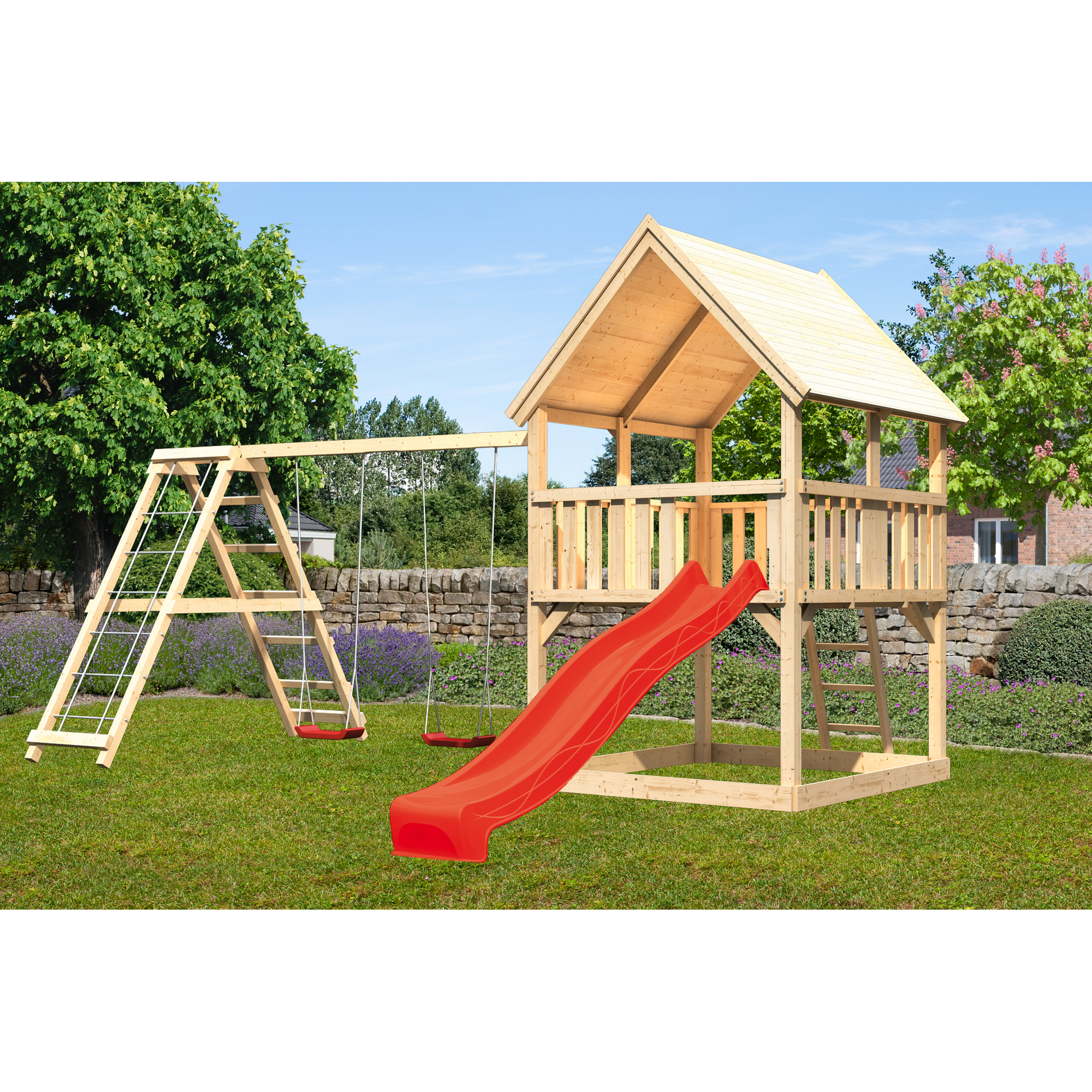 Karibu Spielturm 'Ida' naturbelassen mit Doppelschaukel, Rutsche rot 508 x 394 x 345 cm